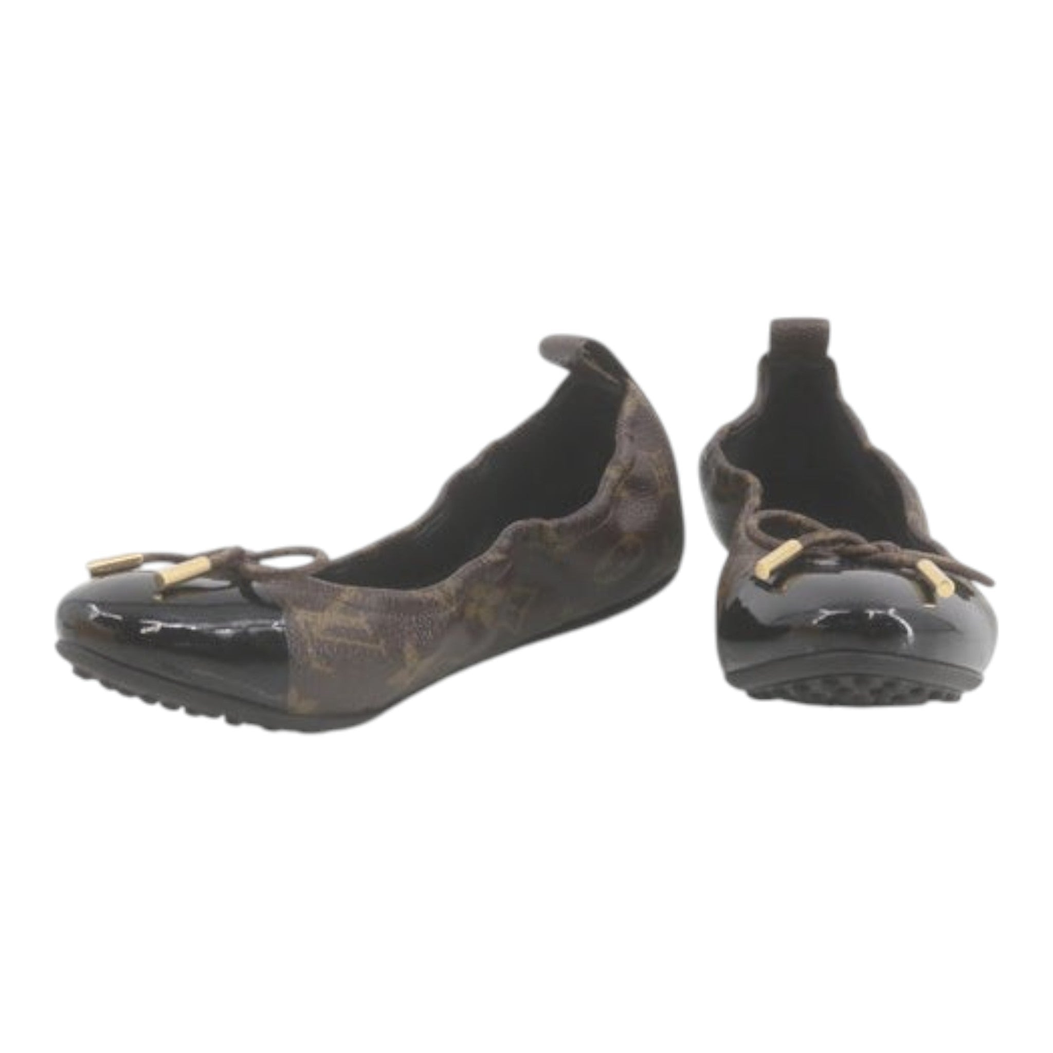 CURATED by Kira Louis Vuitton brown monogram ballet flats with black patent leather toe caps and gold hardware