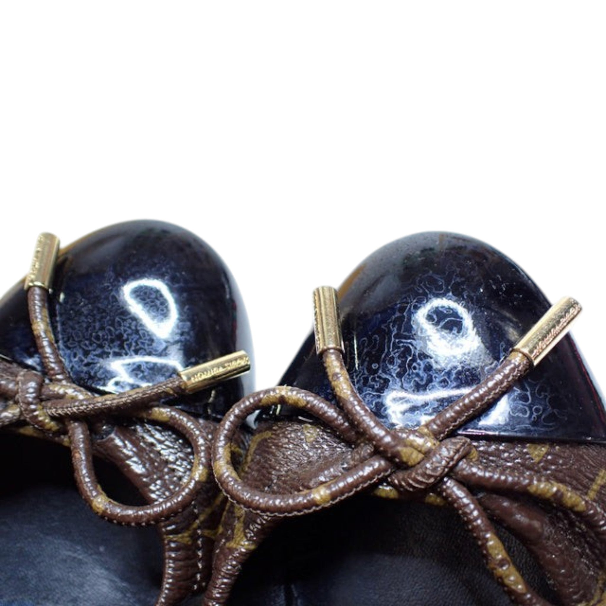 CURATED by Kira Louis Vuitton brown monogram ballet flats with patent leather toe caps and bow detail