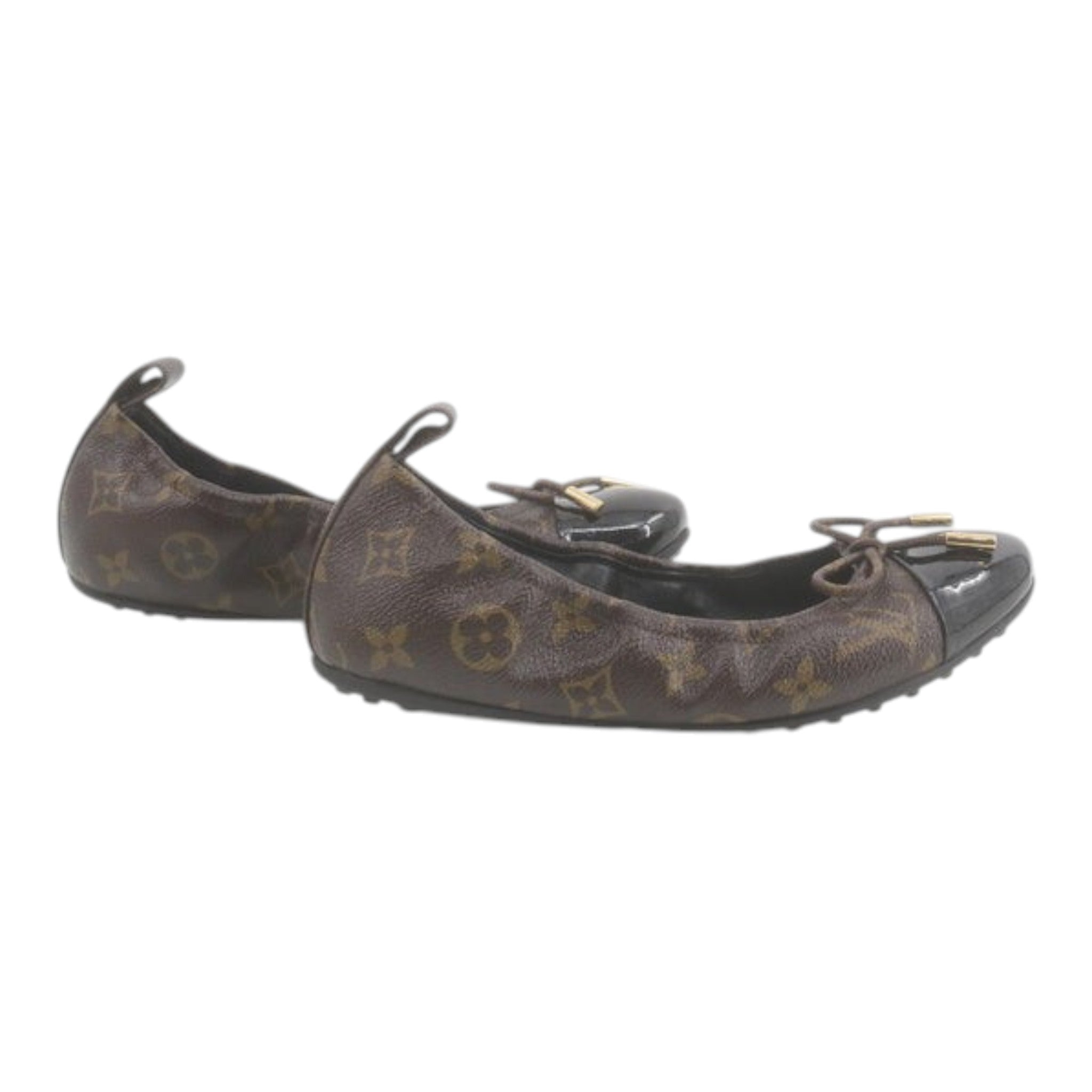 CURATED by Kira Louis Vuitton brown monogram canvas ballet flats with patent leather toe caps and bow detail
