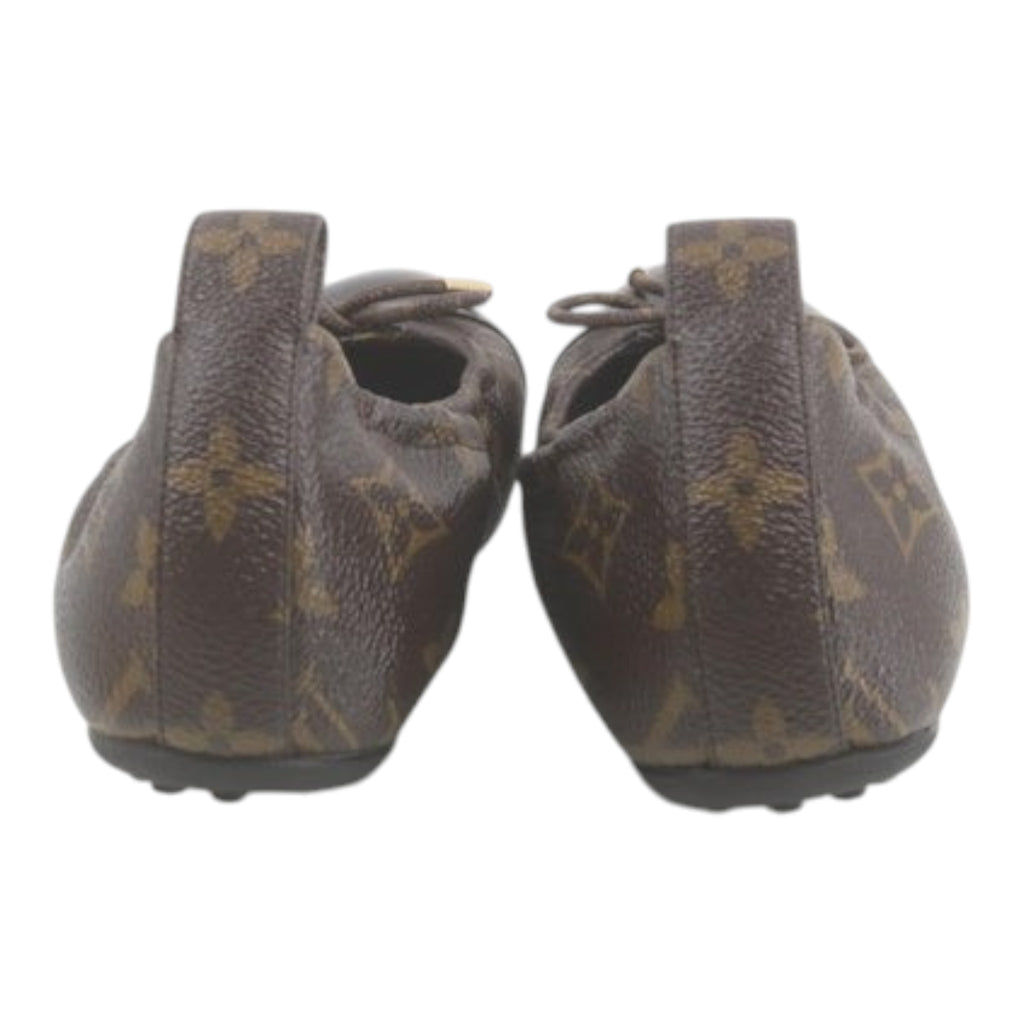 CURATED by Kira Louis Vuitton brown monogram ballet flats with bow detail, back view