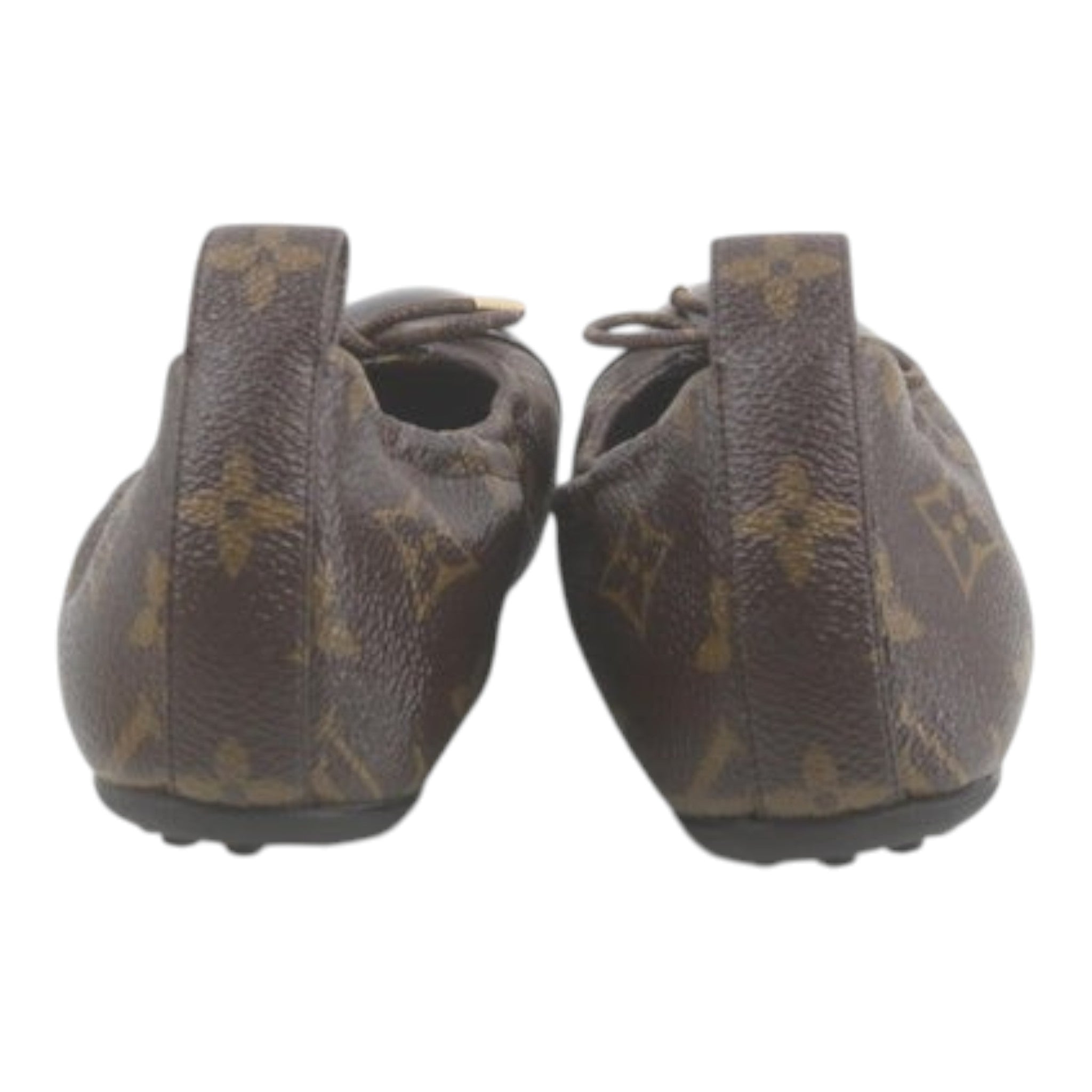 CURATED by Kira Louis Vuitton brown monogram ballet flats with bow detail, back view