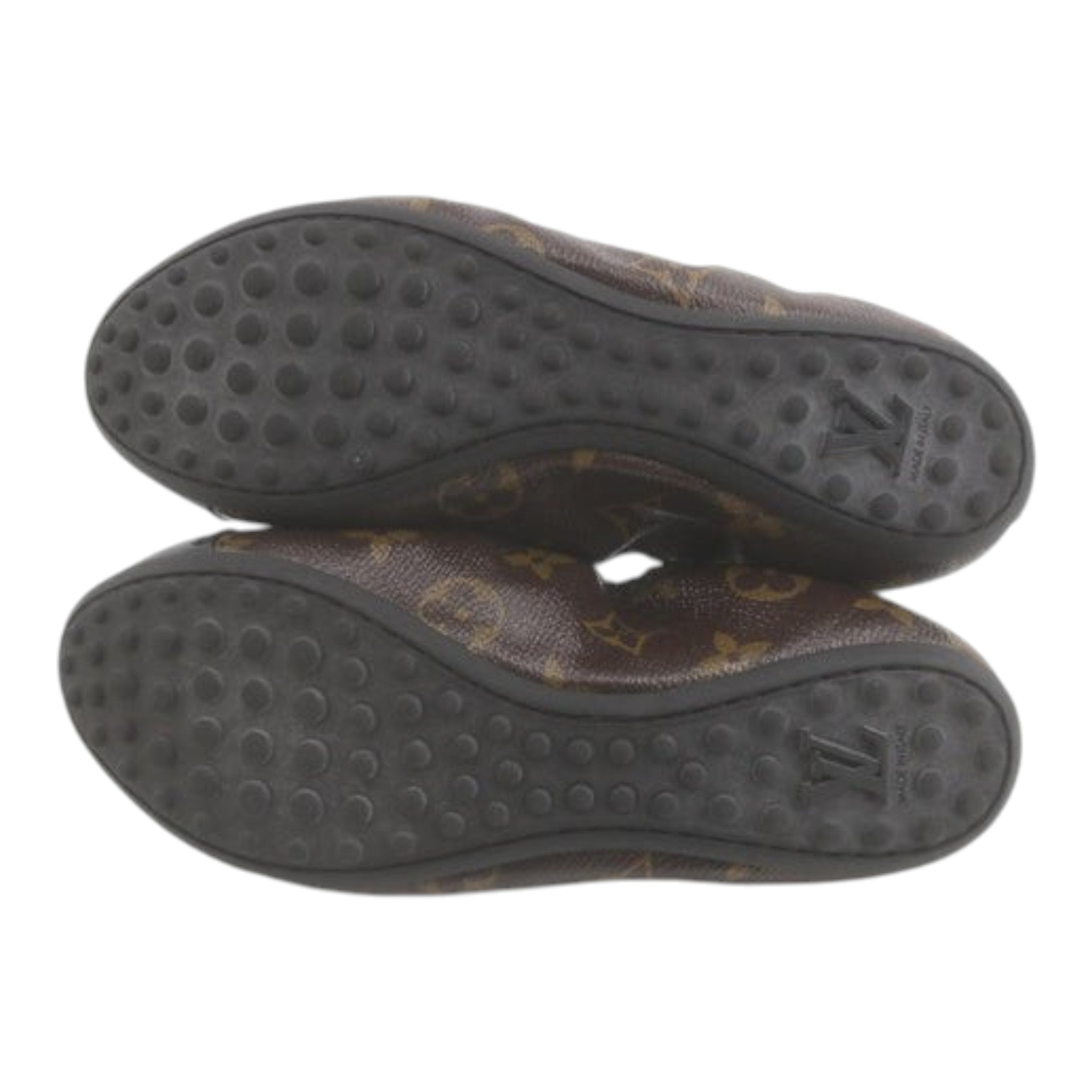 CURATED by Kira Louis Vuitton brown monogram ballet flats showing the rubber pebble soles and LV logo detail