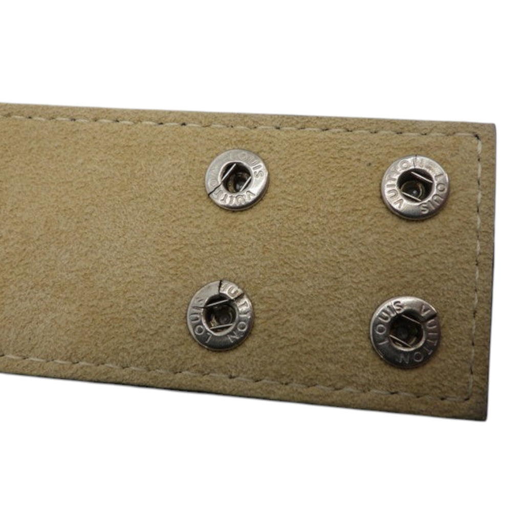 CURATED by Kira Louis Vuitton Monogram Mat bracelet featuring beige suede interior with engraved silver snap buttons