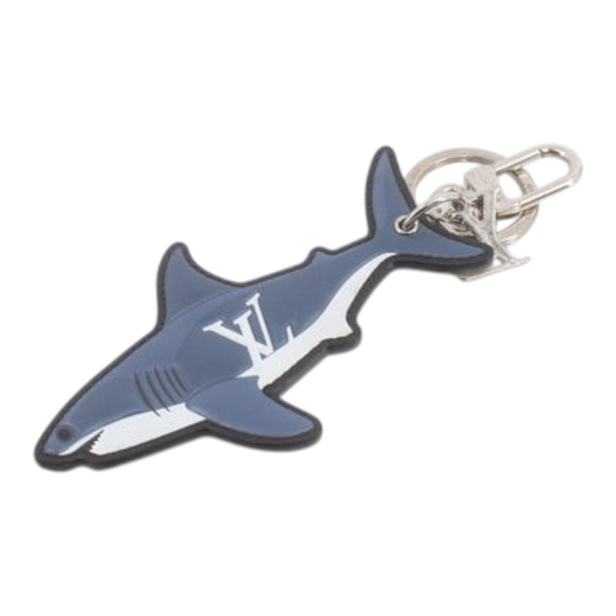 CURATED by Kira Louis Vuitton shark keychain in blue with white LV logo detailing and silver-tone metal hardware.