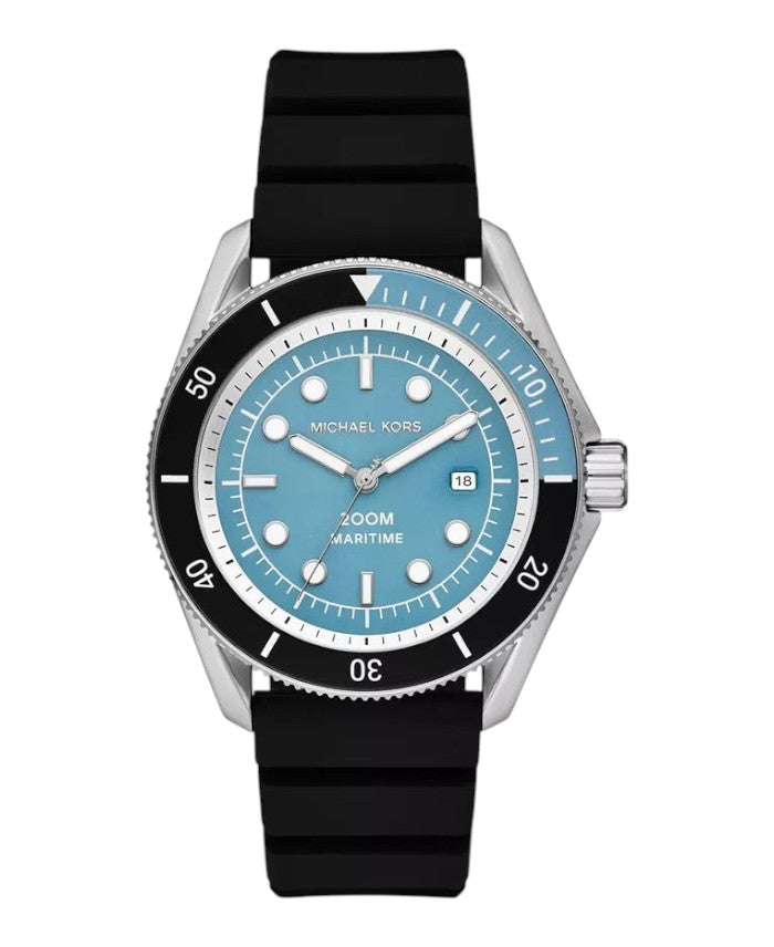 CURATED by Kira Michael Kors Maritime men's watch with a pale blue dial, silver stainless steel case, and black silicone strap.