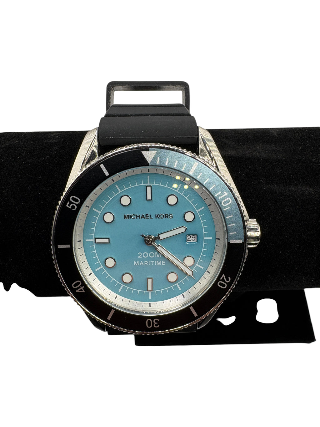 CURATED by Kira Michael Kors Maritime men's watch with a pale blue dial, silver-tone case, and black silicone strap.