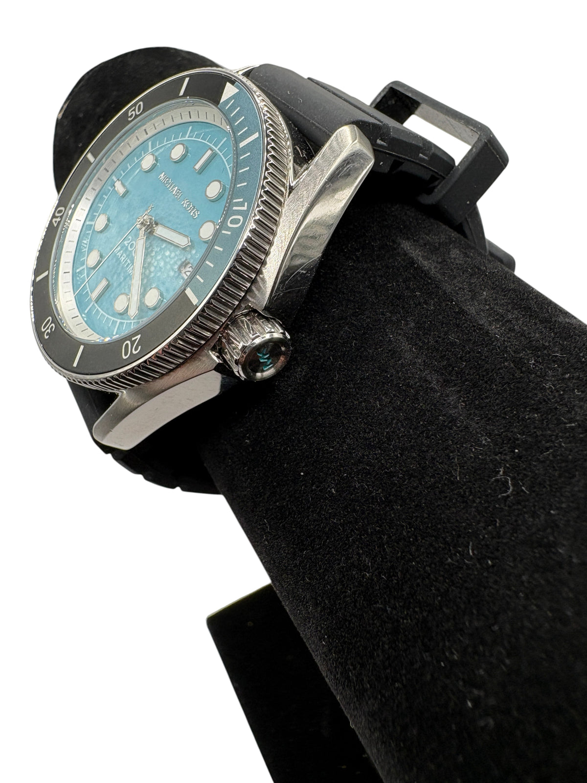 CURATED by Kira Michael Kors Maritime watch featuring a pale blue dial, silver stainless steel case, and black strap.