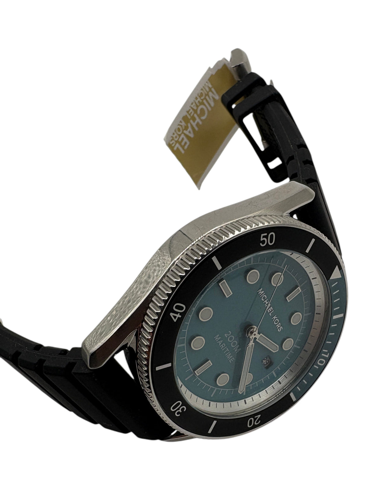 CURATED by Kira Michael Kors Maritime men's watch with a pale blue dial, silver stainless steel case, and black strap.