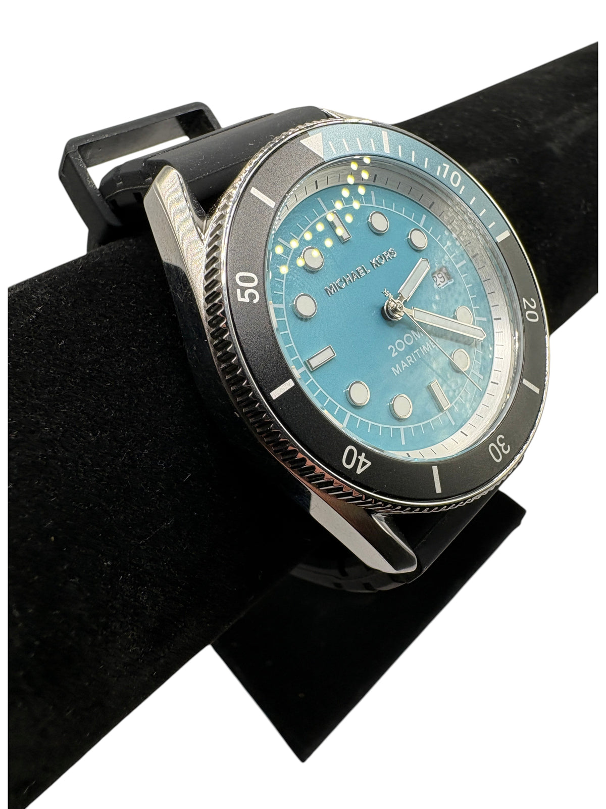 CURATED by Kira Michael Kors Maritime men's watch with a pale blue dial, silver stainless steel case, and black strap