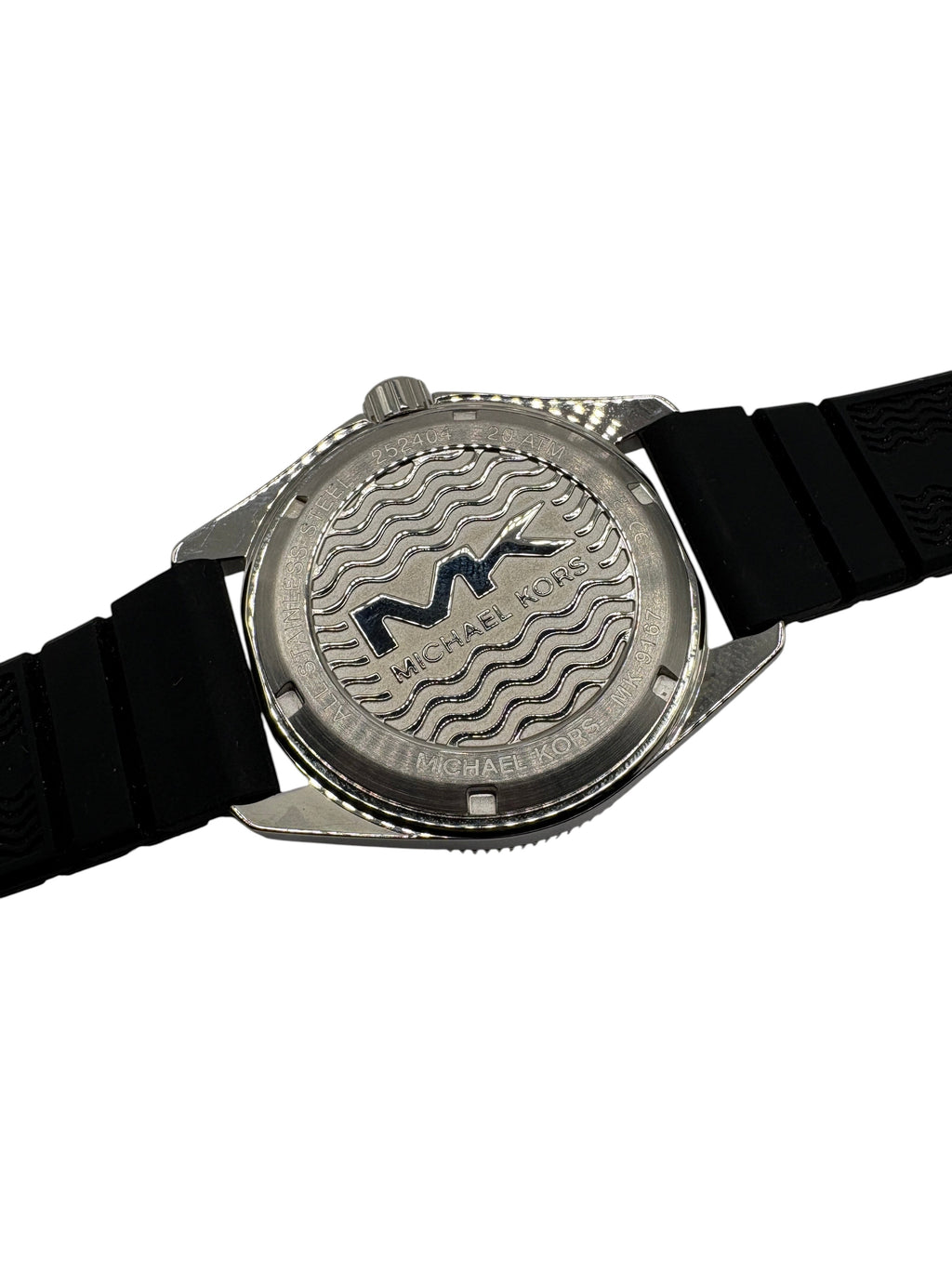 CURATED by Kira Michael Kors Maritime watch case back featuring engraved wave pattern and stainless steel finish