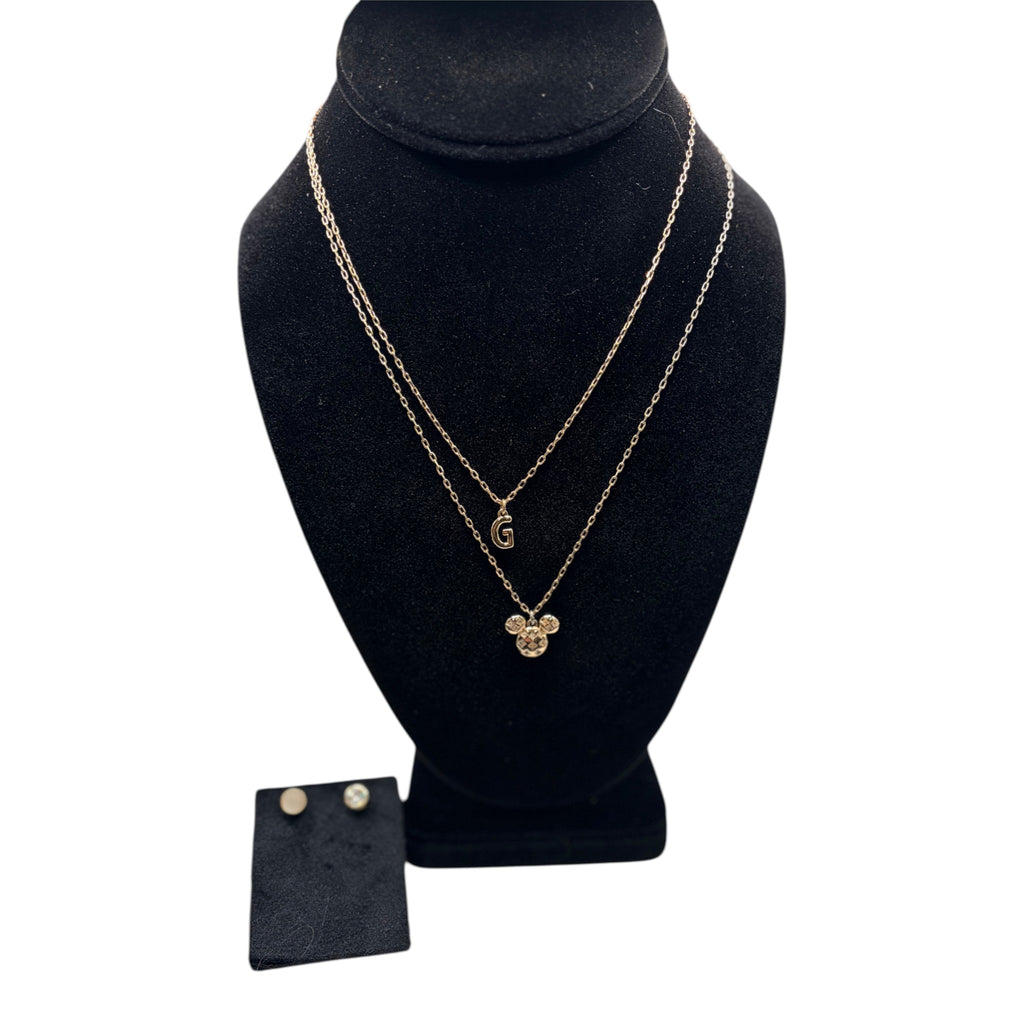 CURATED by Kira Disney Mickey Mouse gold initial pendant necklace and matching cubic zirconia stud earring set