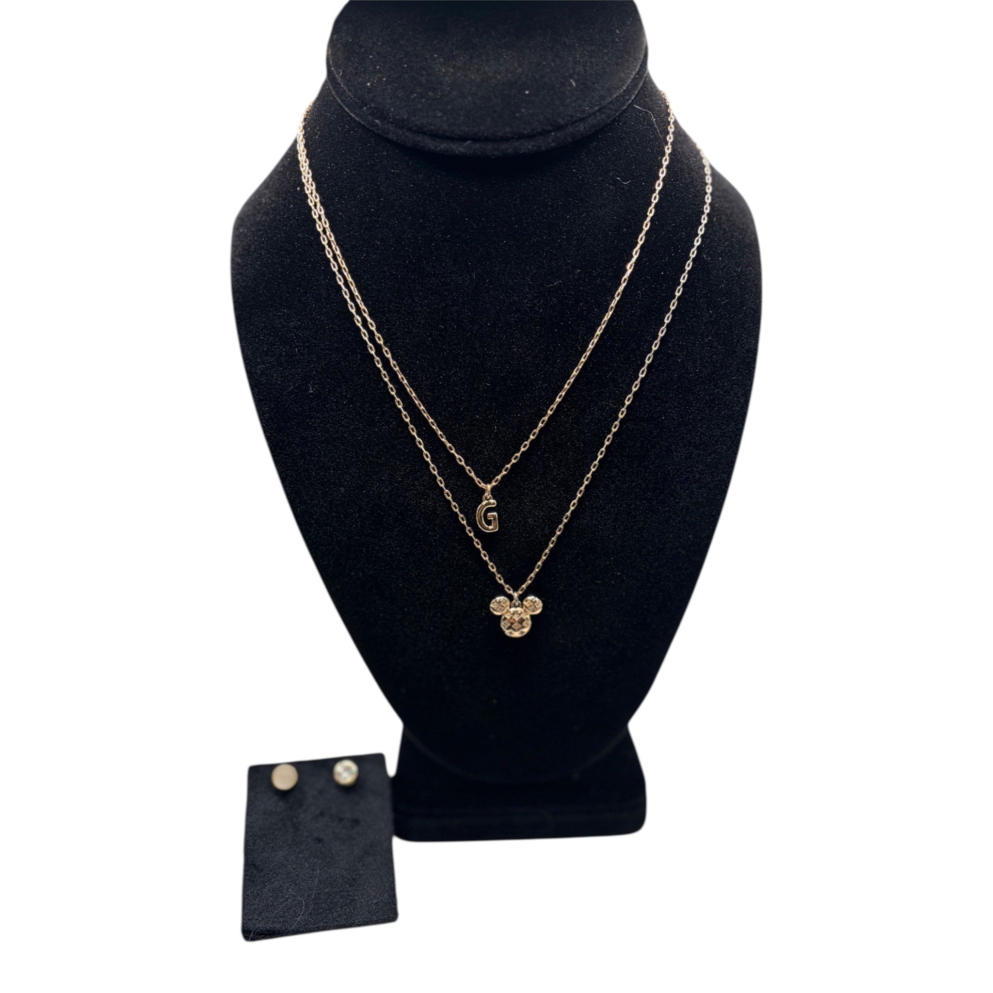 CURATED by Kira Disney Mickey Mouse gold initial pendant necklace and matching cubic zirconia stud earring set