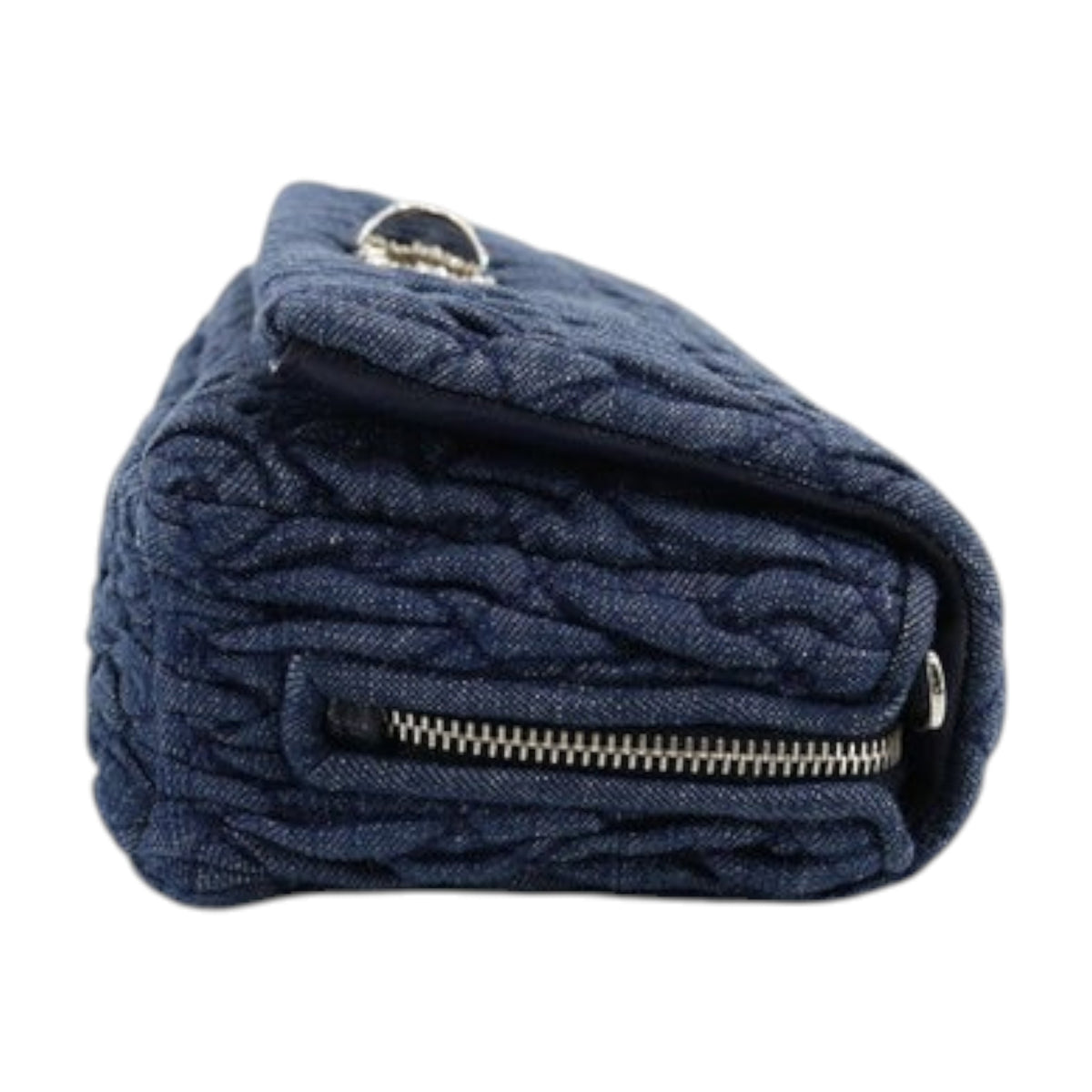 CURATED by Kira Miu Miu navy denim matelassé bag with silver metallic zipper detail, side profile view