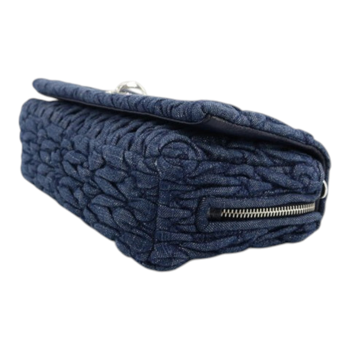 CURATED by Kira Miu Miu navy denim matelassé bag with silver turn lock and side zipper detail