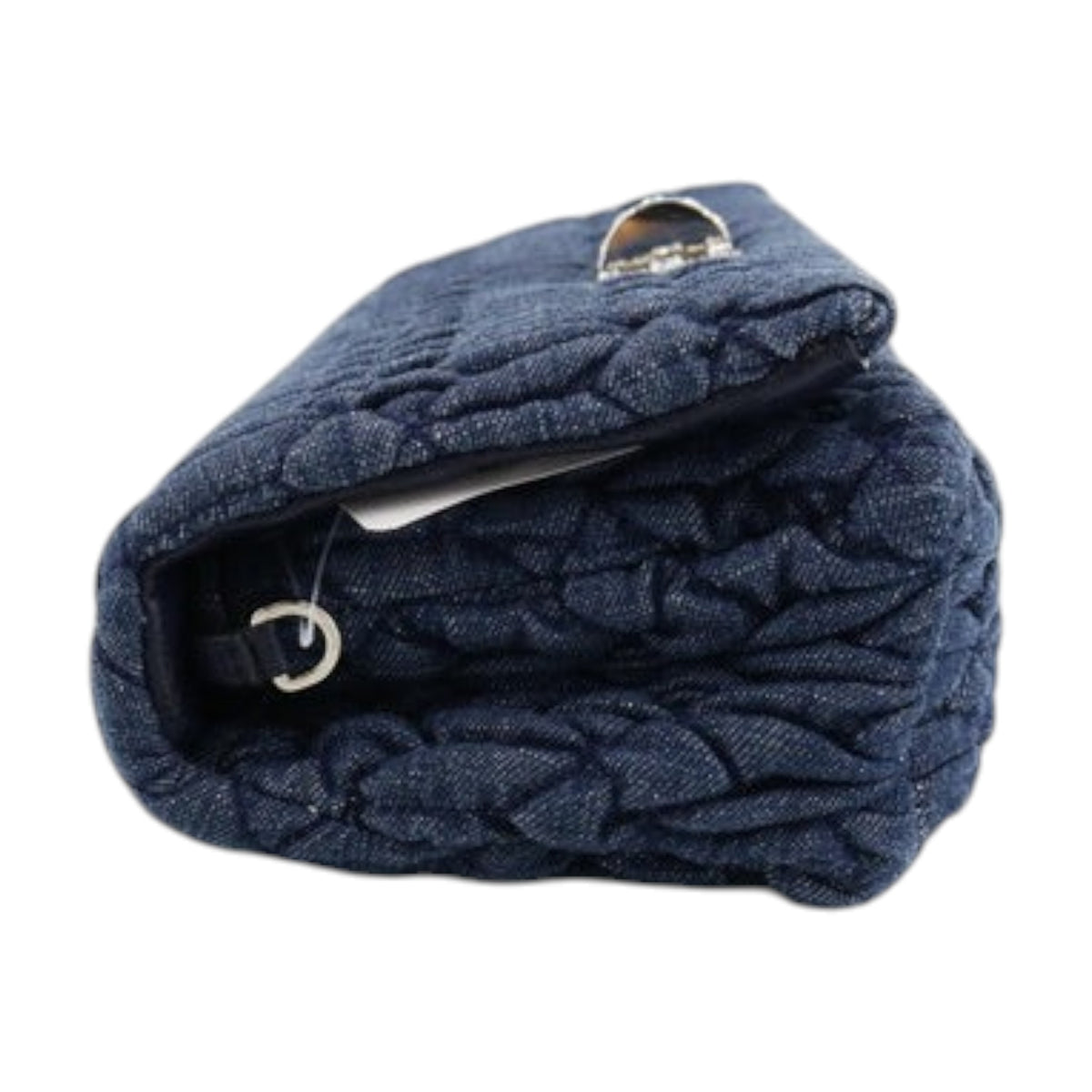 CURATED by Kira Miu Miu navy denim matelassé bag with silver metallic hardware and turn lock closure, side view.