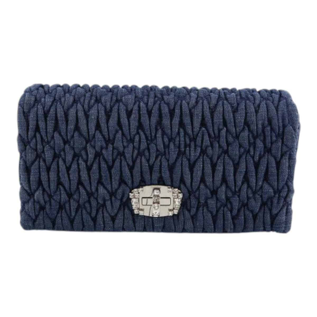 CURATED by Kira Miu Miu navy denim matelassé bag with silver bijou turn lock hardware