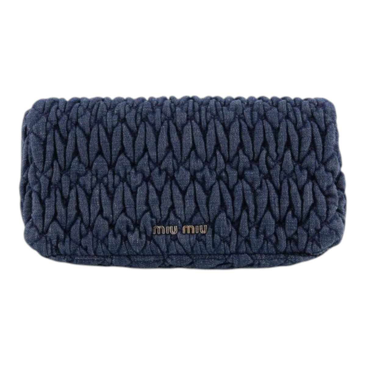 CURATED by Kira Miu Miu navy denim matelassé clutch bag with silver hardware and front logo detail