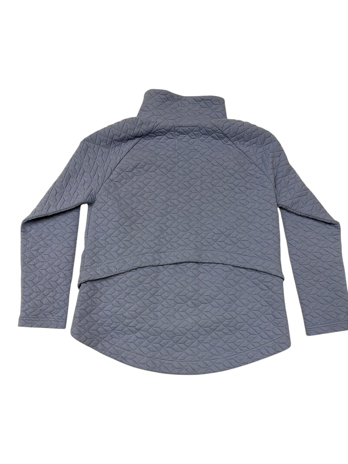 CURATED by Kira NIC+ZOE prism diamond quilted jacket in blue with a high-low tulip hem and stand-up collar.
