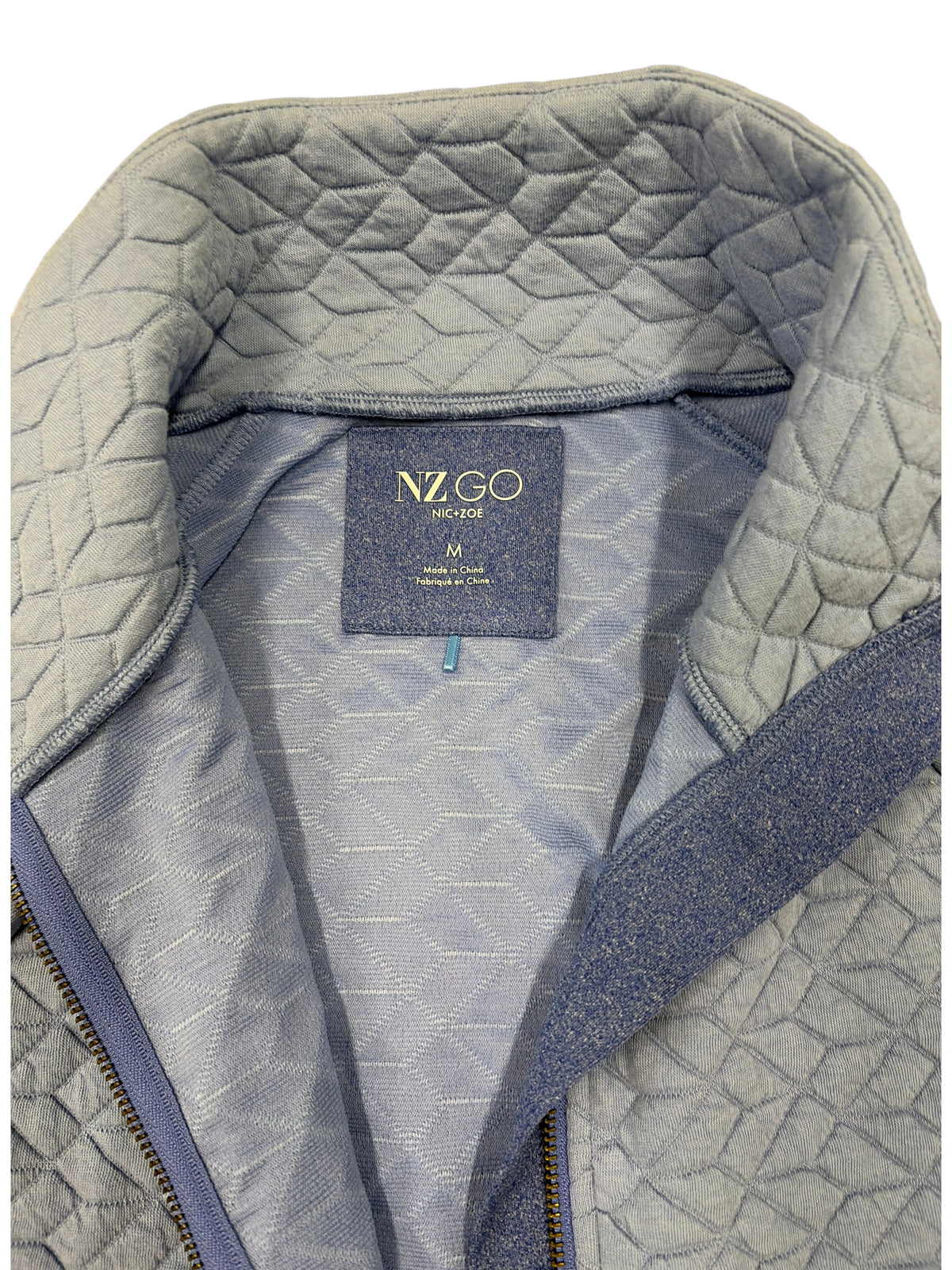 CURATED by Kira NIC+ZOE light blue quilted knit jacket with prism diamond pattern and mock collar detail