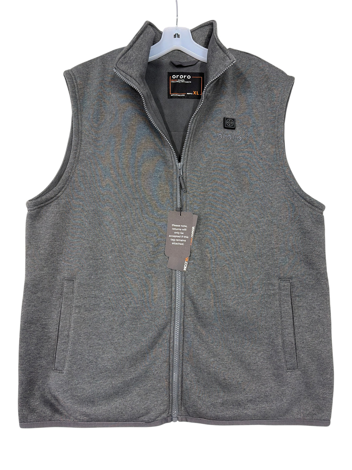 CURATED by Kira Ororo men's charcoal gray heated fleece vest with stand-up collar and zippered pockets, size XL.
