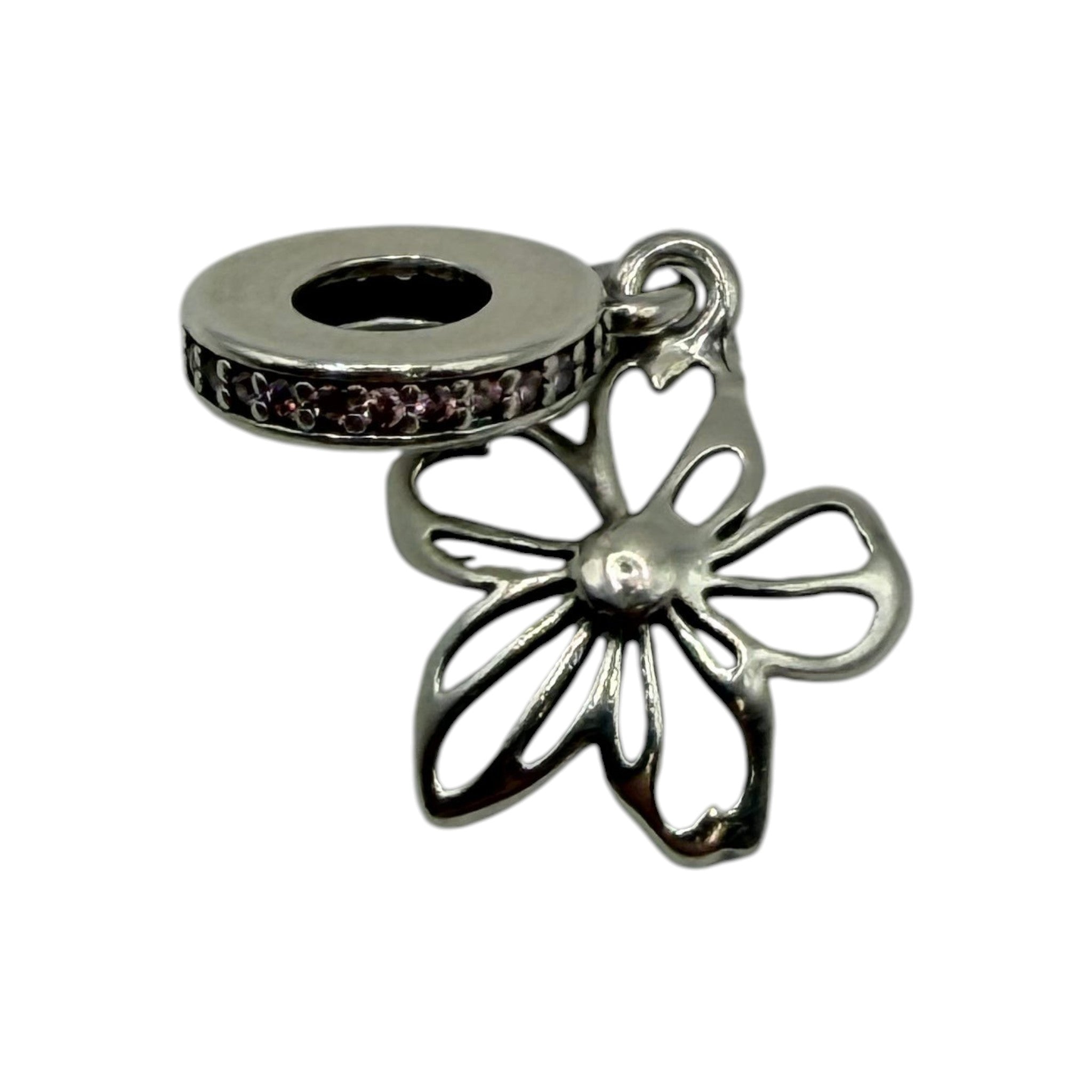 CURATED by Kira Pandora sterling silver daisy flower dangle charm with pink crystal accents on the bead core