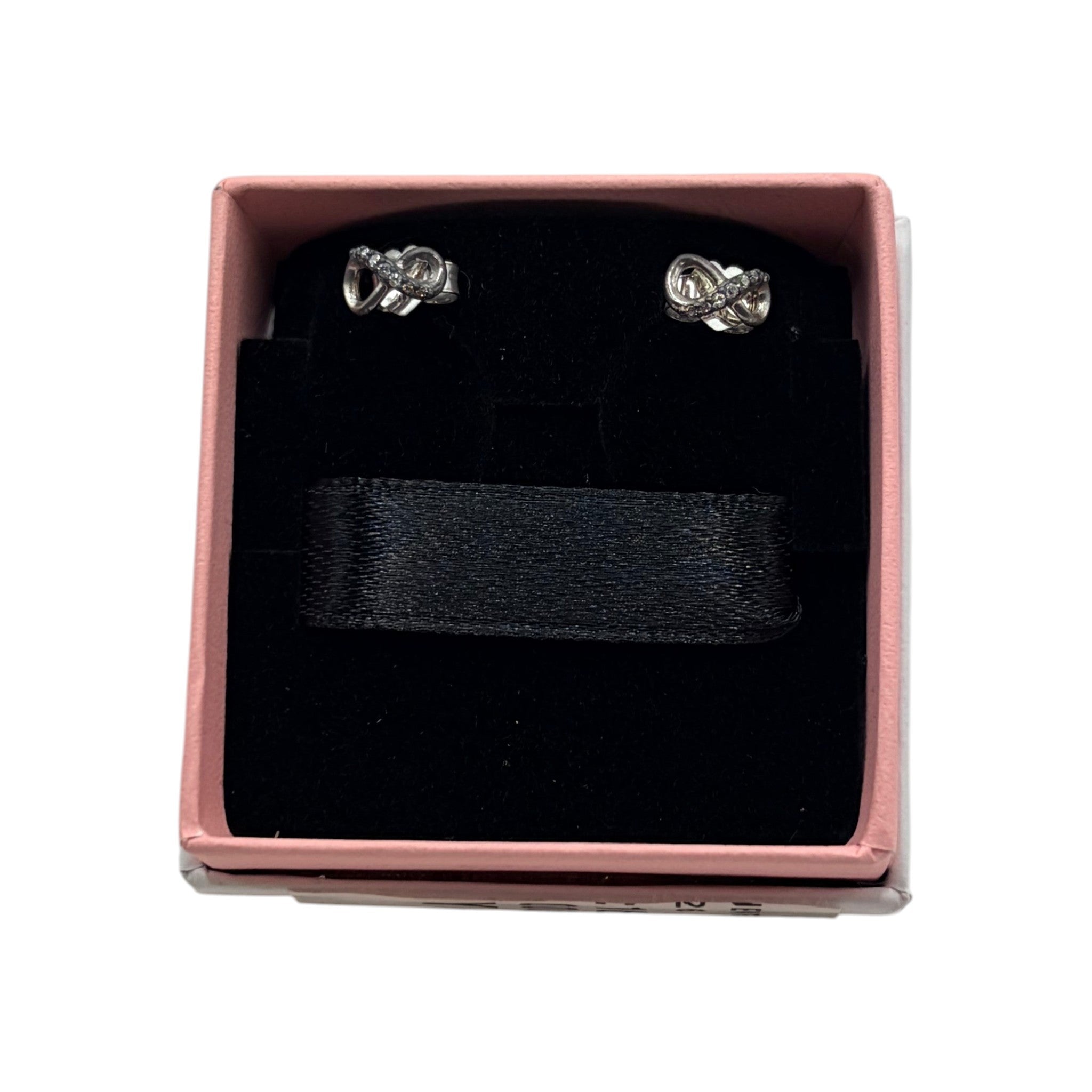 CURATED by Kira Pandora sterling silver infinity knot stud earrings with cubic zirconia in a pink gift box