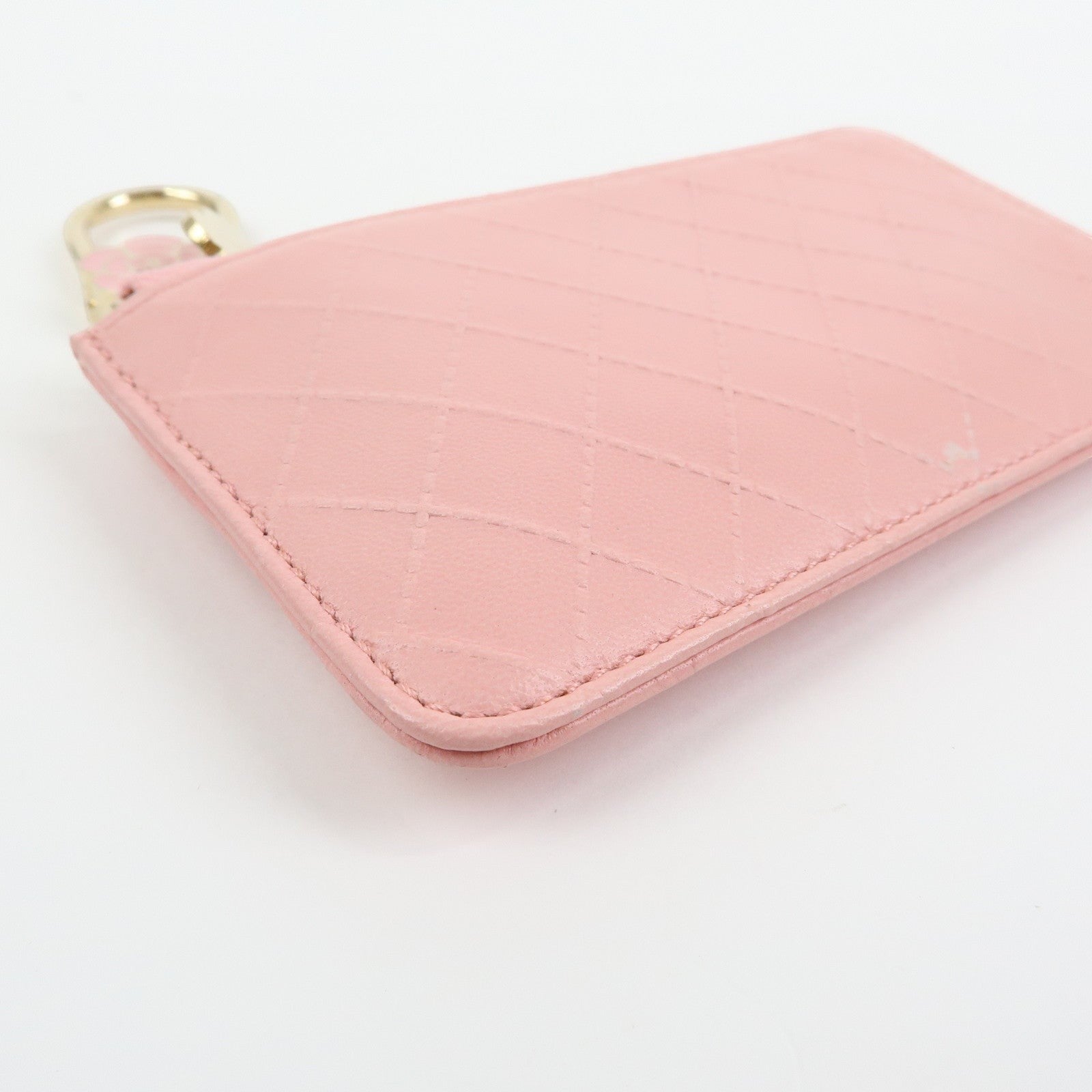 CURATED by Kira pink quilted leather zip-around card holder with floral charm and gold ring