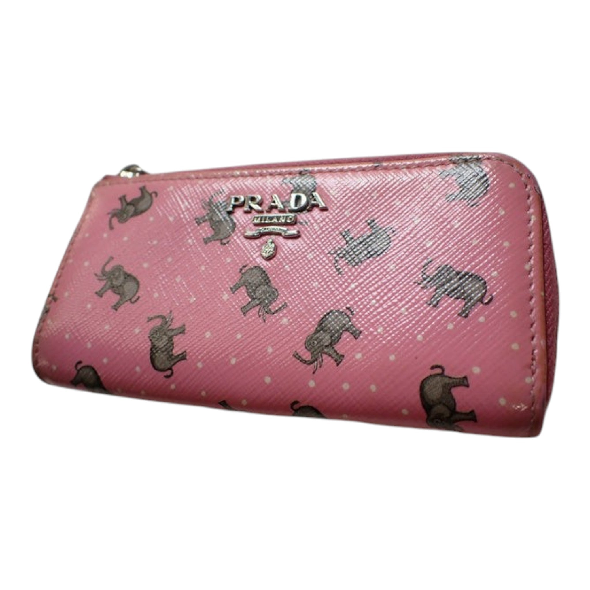 CURATED by Kira pink Prada coin case with elephant print and silver keyring chain