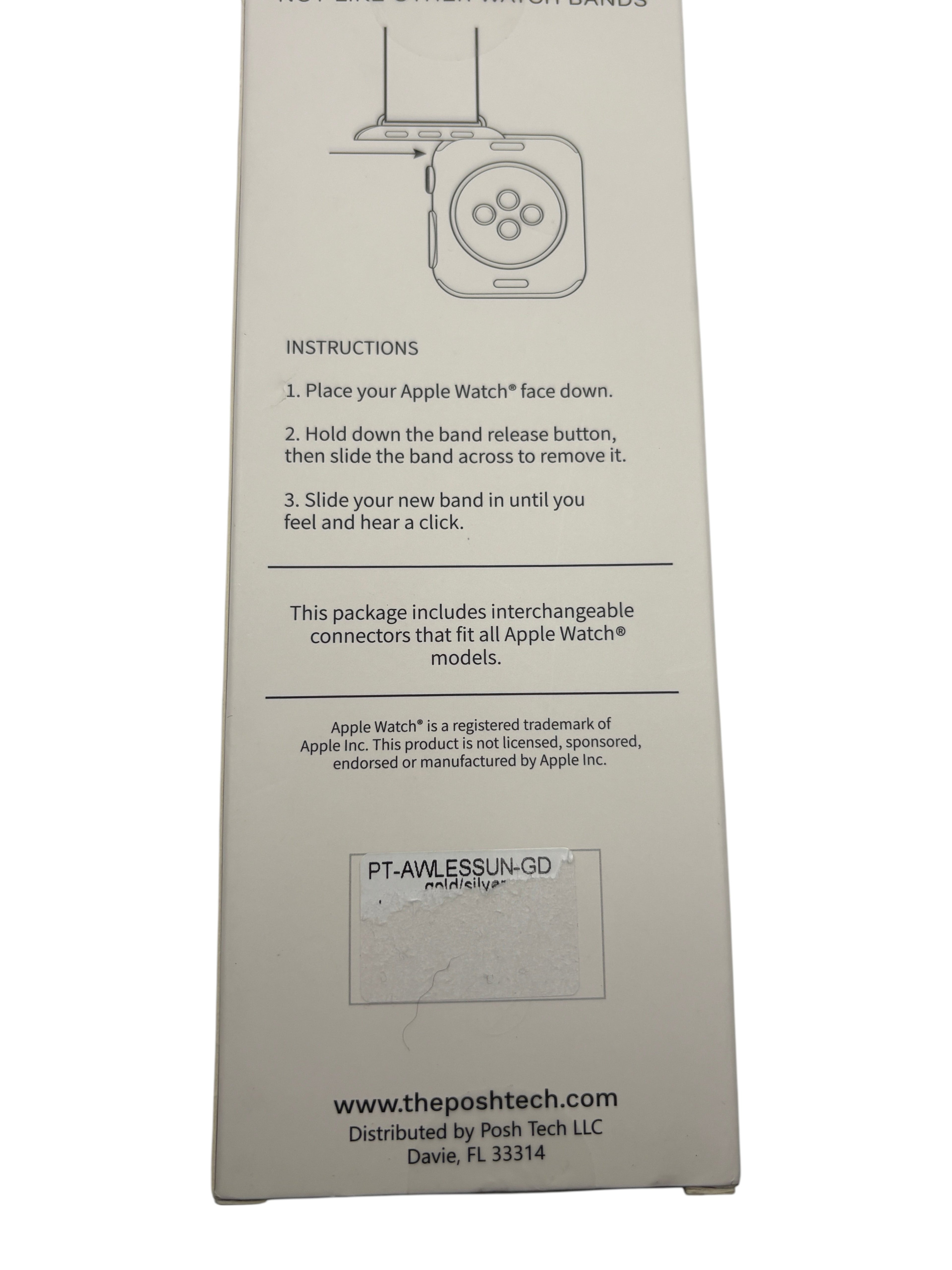 CURATED by Kira PoshTech Apple Watch band packaging showing installation instructions and product details