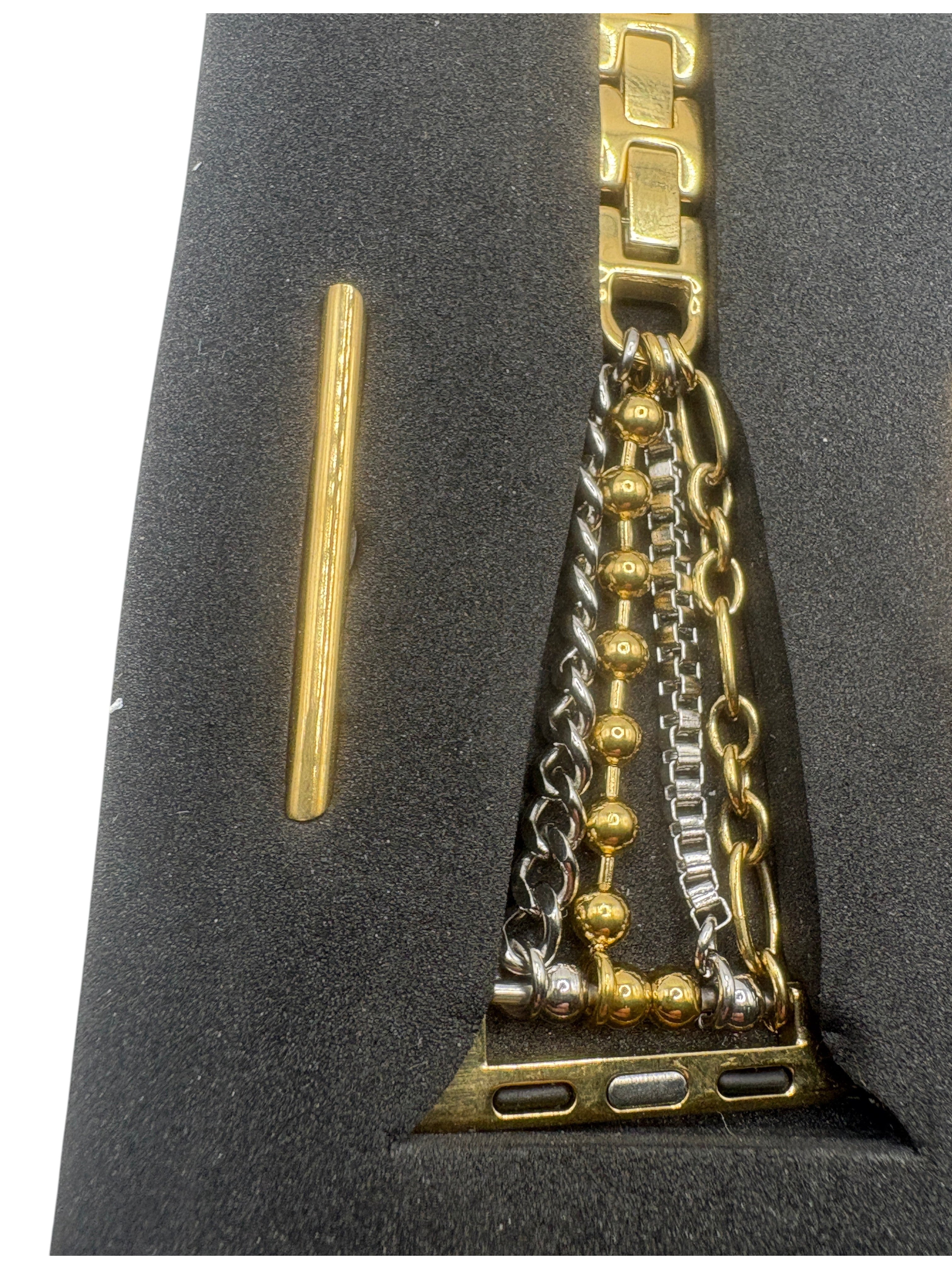 CURATED by Kira PoshTech layered mixed metal gold and silver chain Apple Watch band in black display box