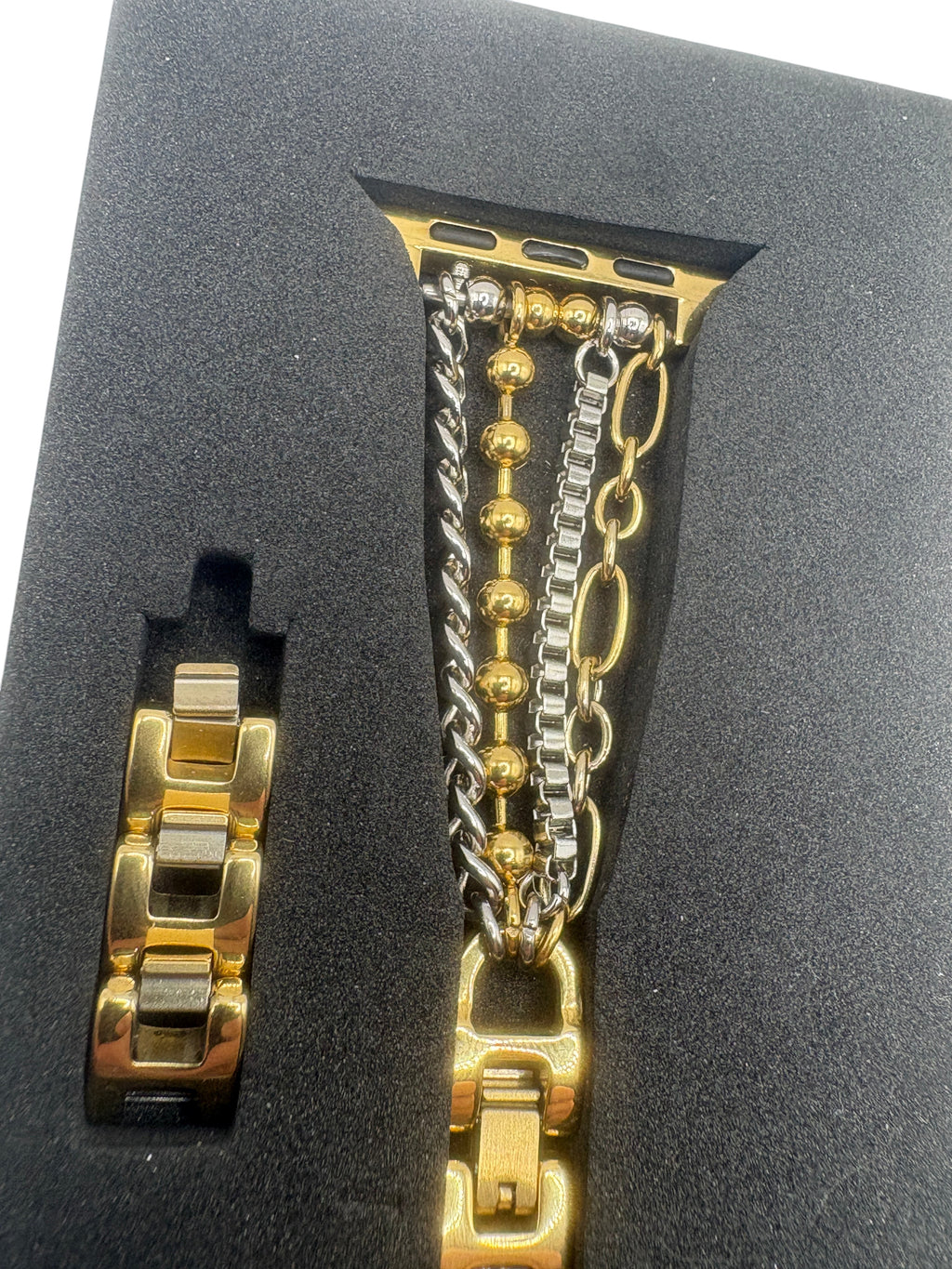 CURATED by Kira PoshTech layered chain Apple Watch band in mixed gold and silver stainless steel in box packaging