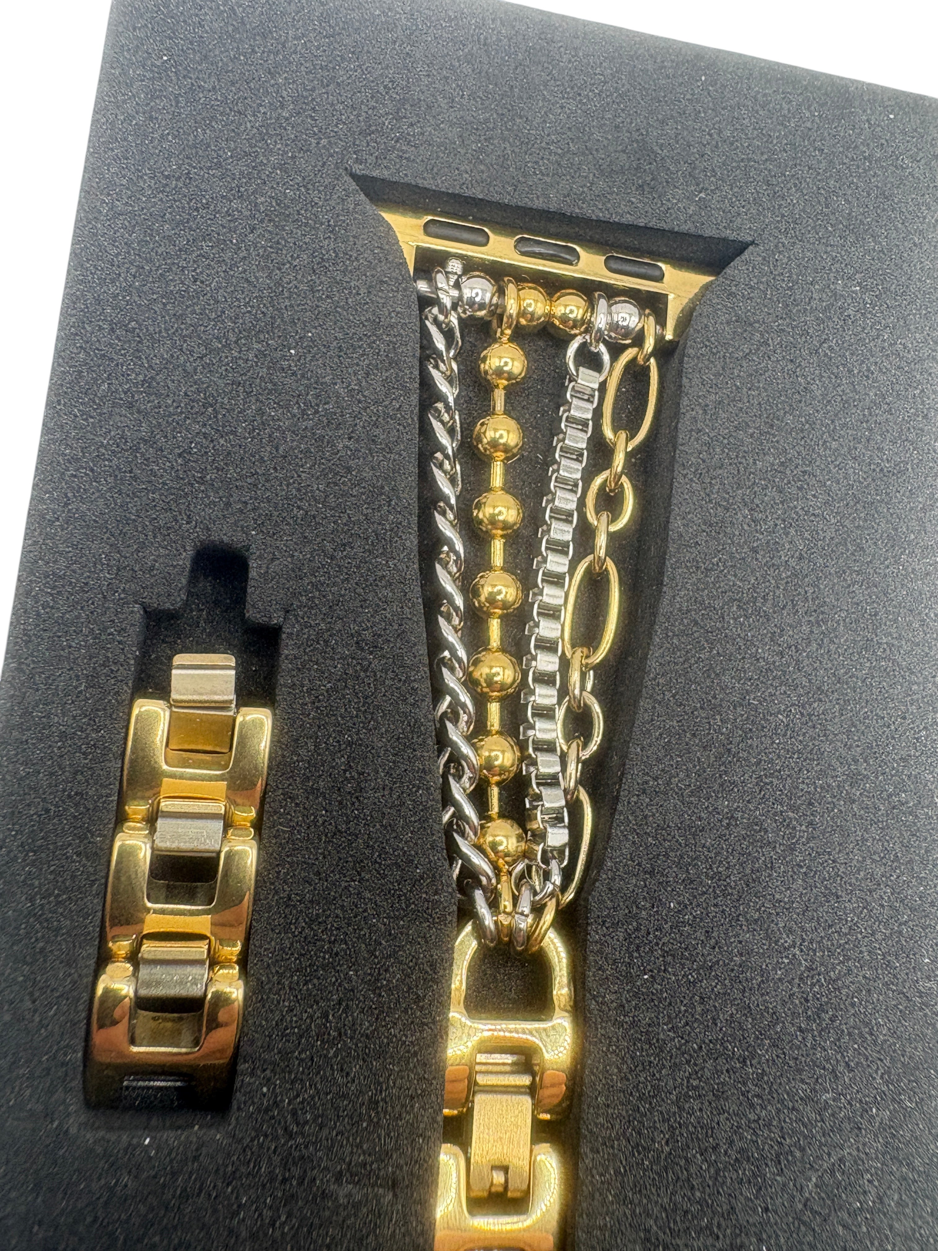 CURATED by Kira PoshTech layered chain Apple Watch band in mixed gold and silver stainless steel in box packaging
