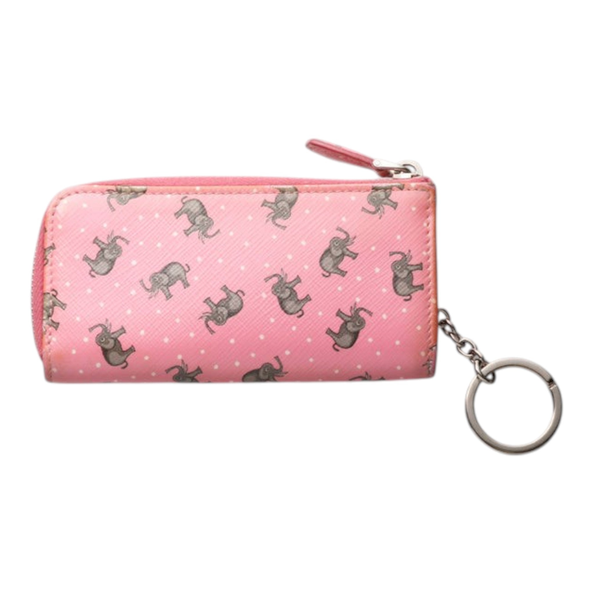 CURATED by Kira pink Prada coin case featuring a playful grey elephant and white polka dot print with a keyring chain