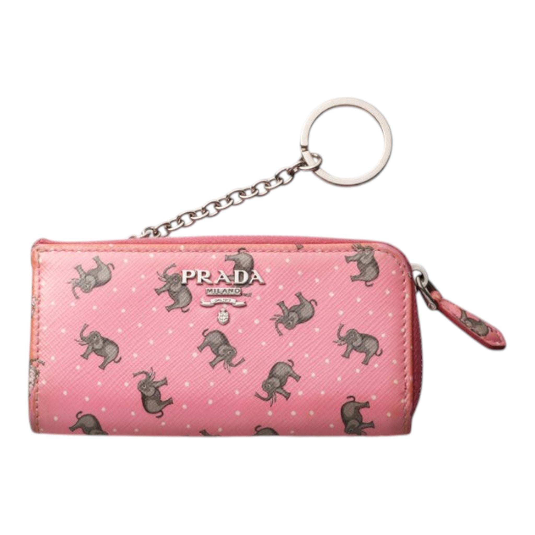 CURATED by Kira pink Prada coin case featuring a white polka dot and grey elephant print with a silver keyring chain