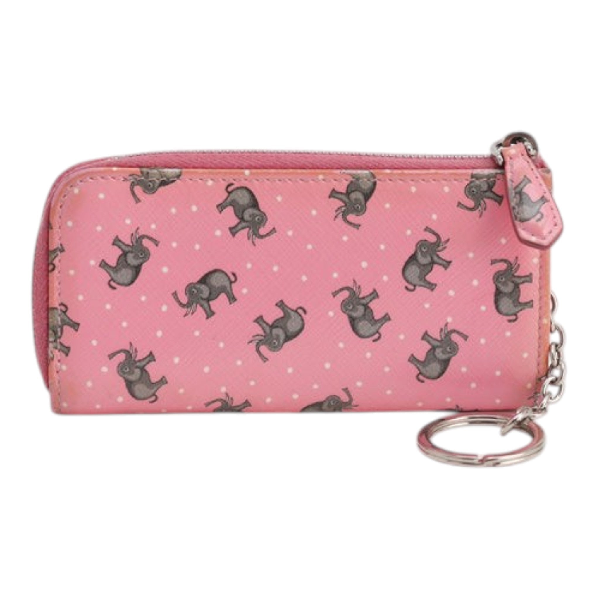 CURATED by Kira pink Prada coin case featuring a playful grey elephant and white polka dot print with a keyring chain