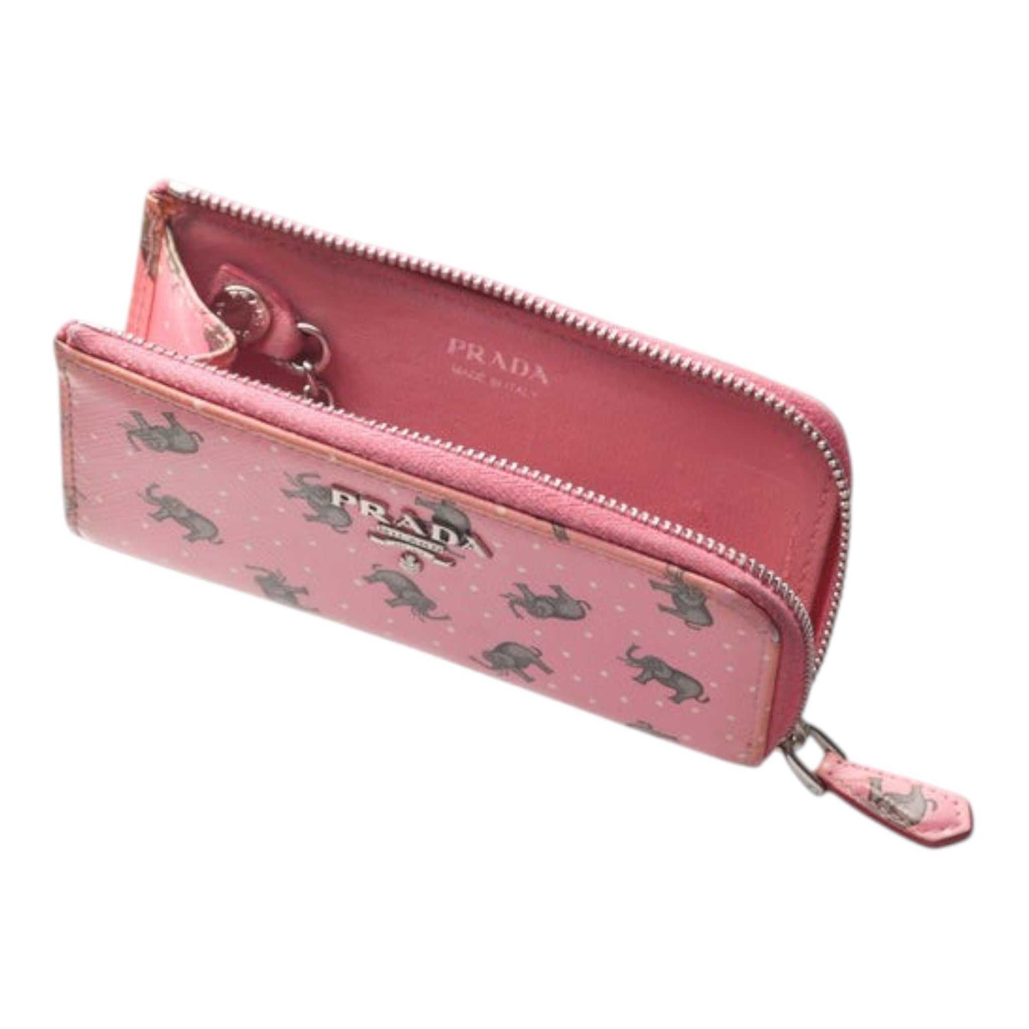 CURATED by Kira pink Prada coin case featuring an elephant and polka dot print with an internal keyring chain