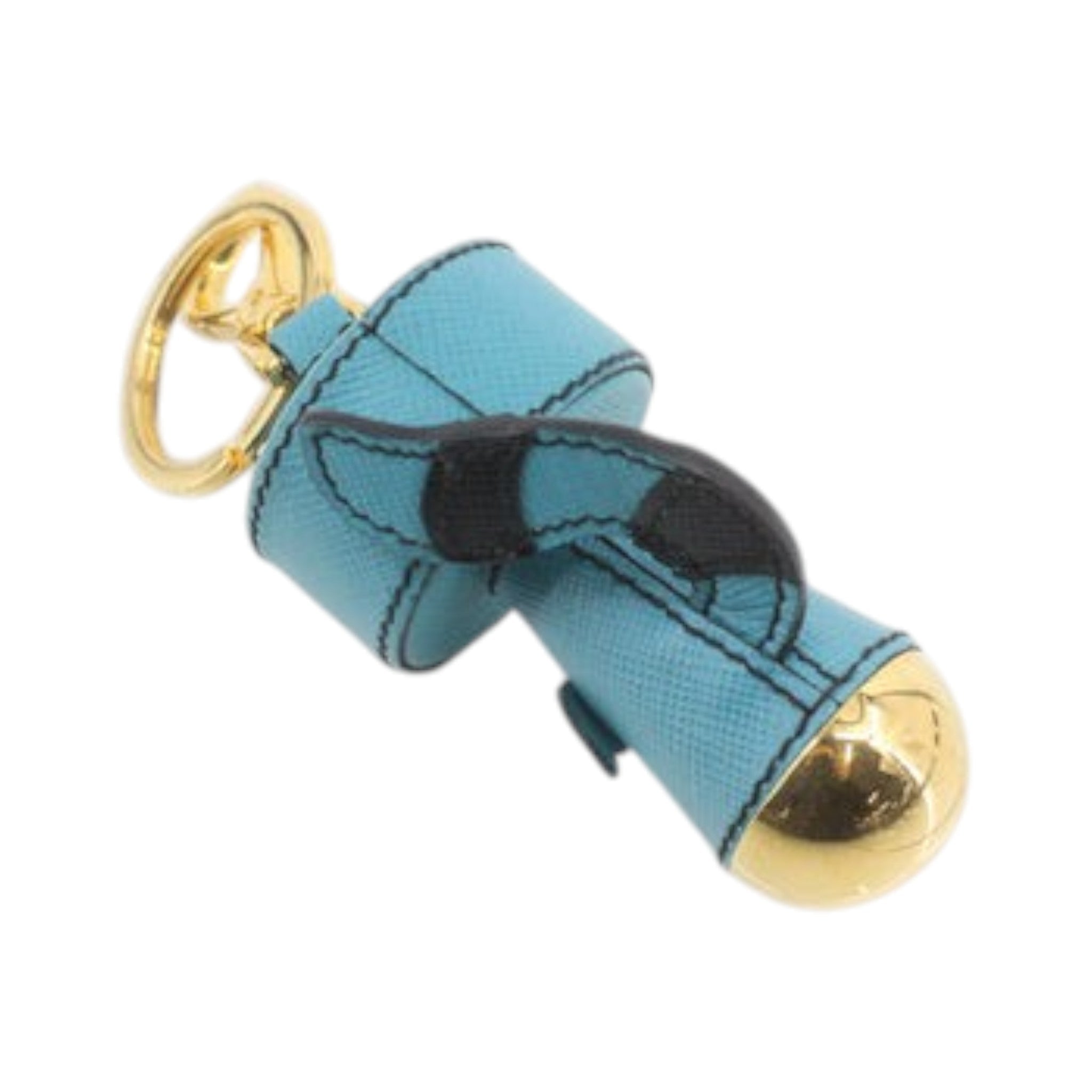 CURATED by Kira Prada raccoon key ring in teal Saffiano leather with gold-tone hardware and black tail detail
