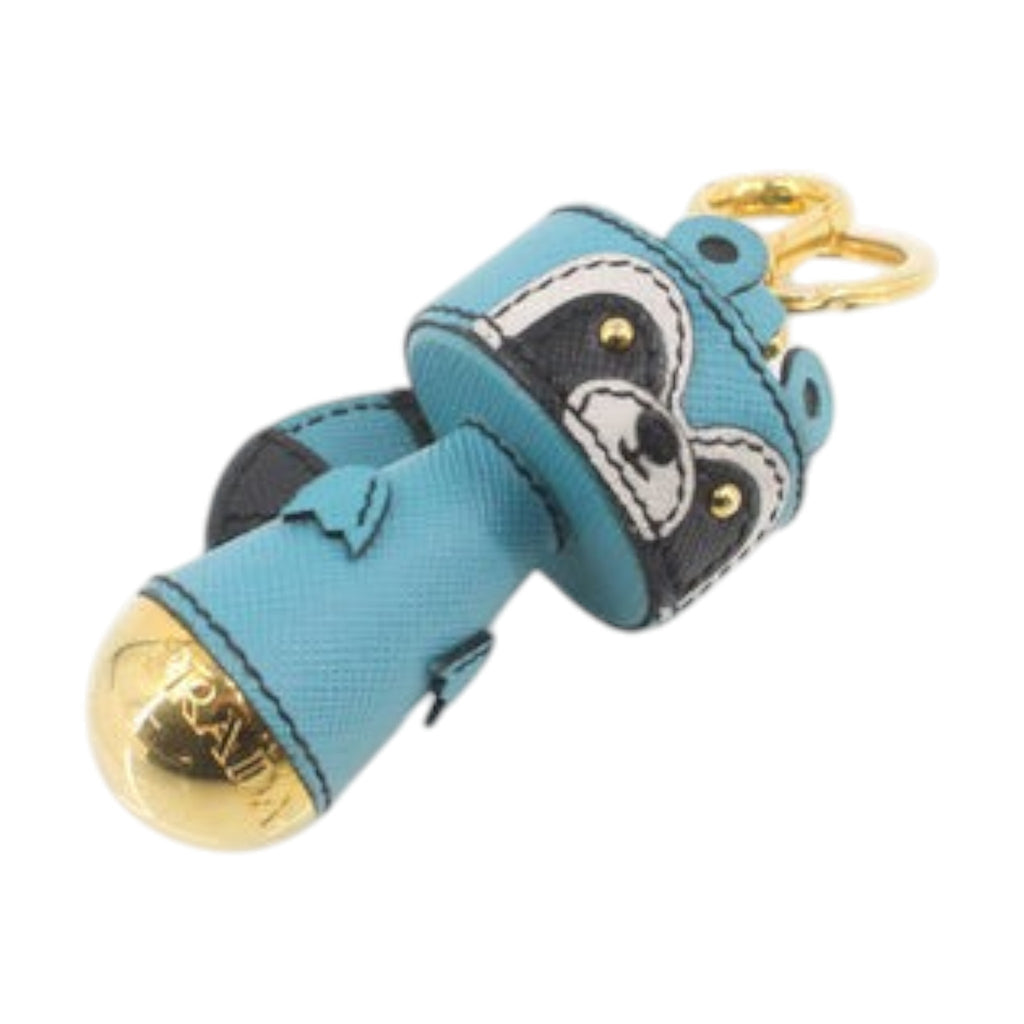 CURATED by Kira Prada raccoon key ring in teal Saffiano leather with gold-tone hardware and logo detail