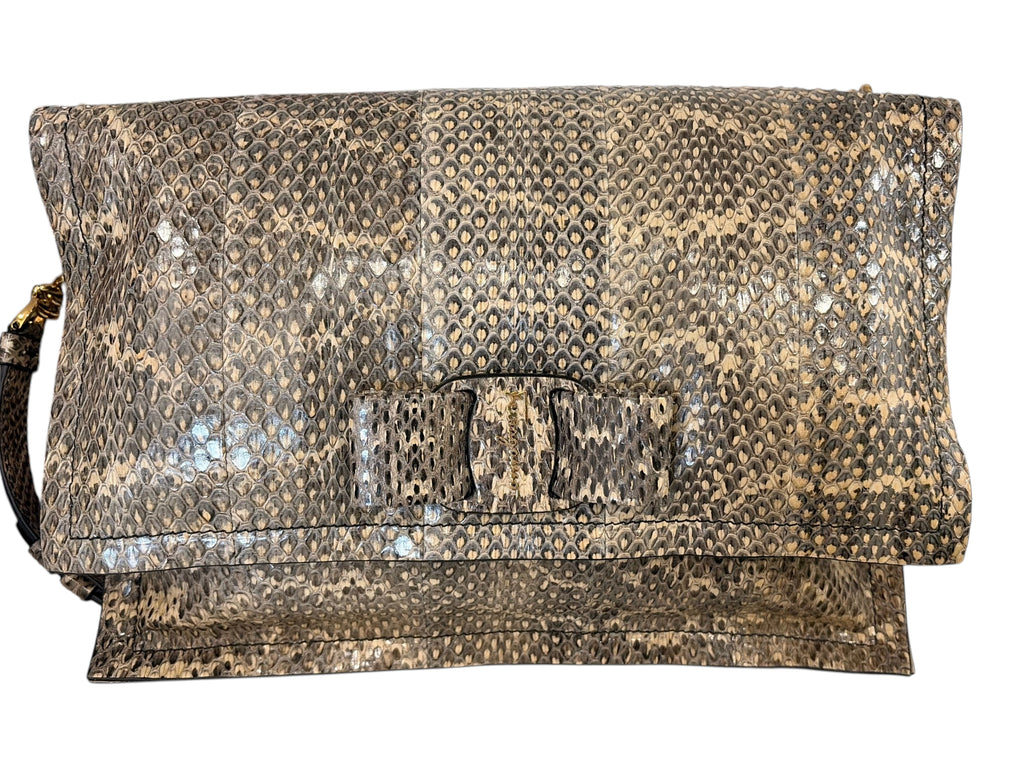 CURATED by Kira Salvatore Ferragamo snakeskin shoulder bag in natural beige tones with a front flap bow detail