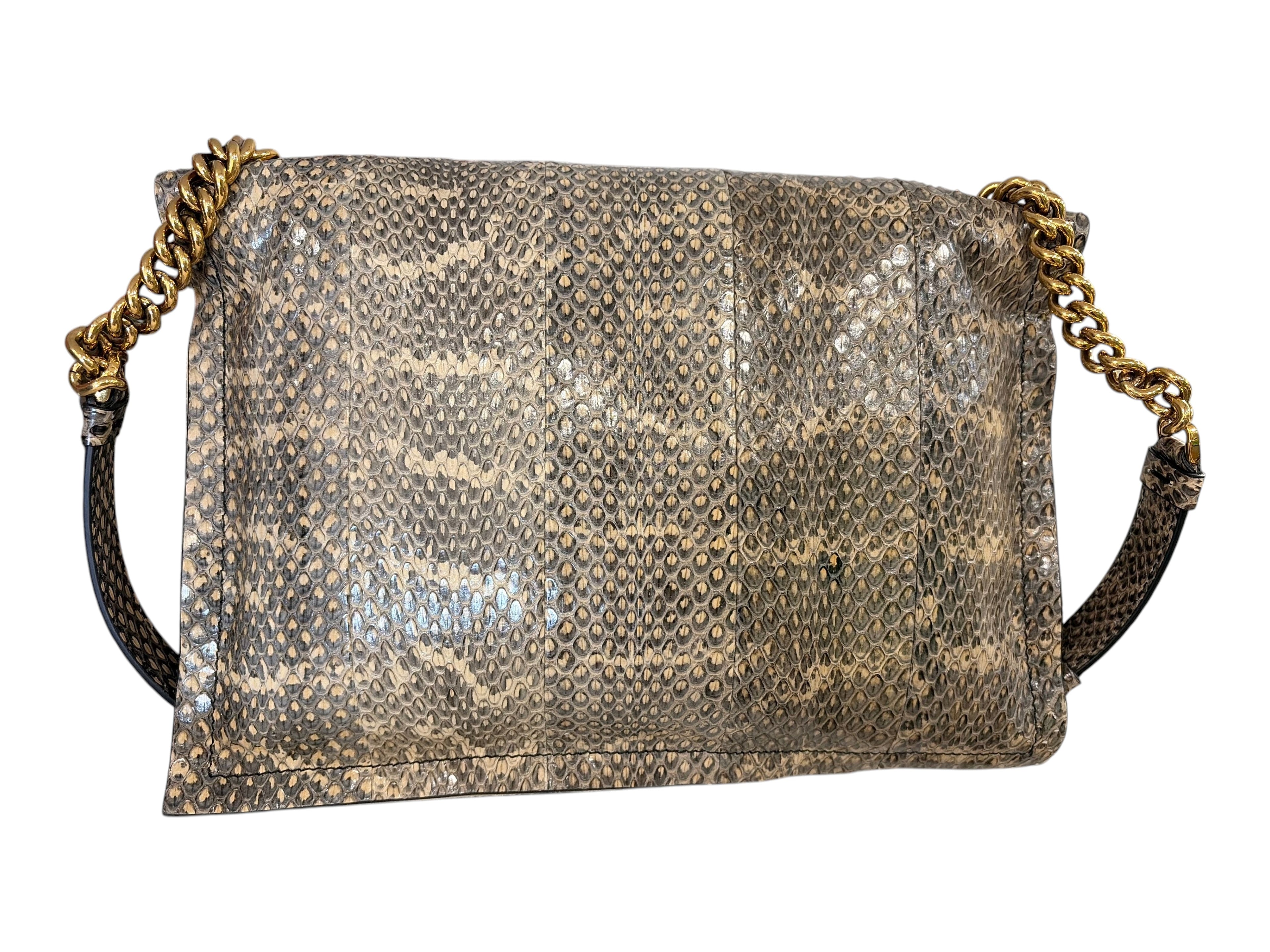 CURATED by Kira Salvatore Ferragamo snakeskin shoulder bag in natural beige tones with gold chain strap