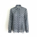 CURATED by Kira Sandy Liang Toney navy gingham button-up shirt with sheer floral embroidered mesh overlay
