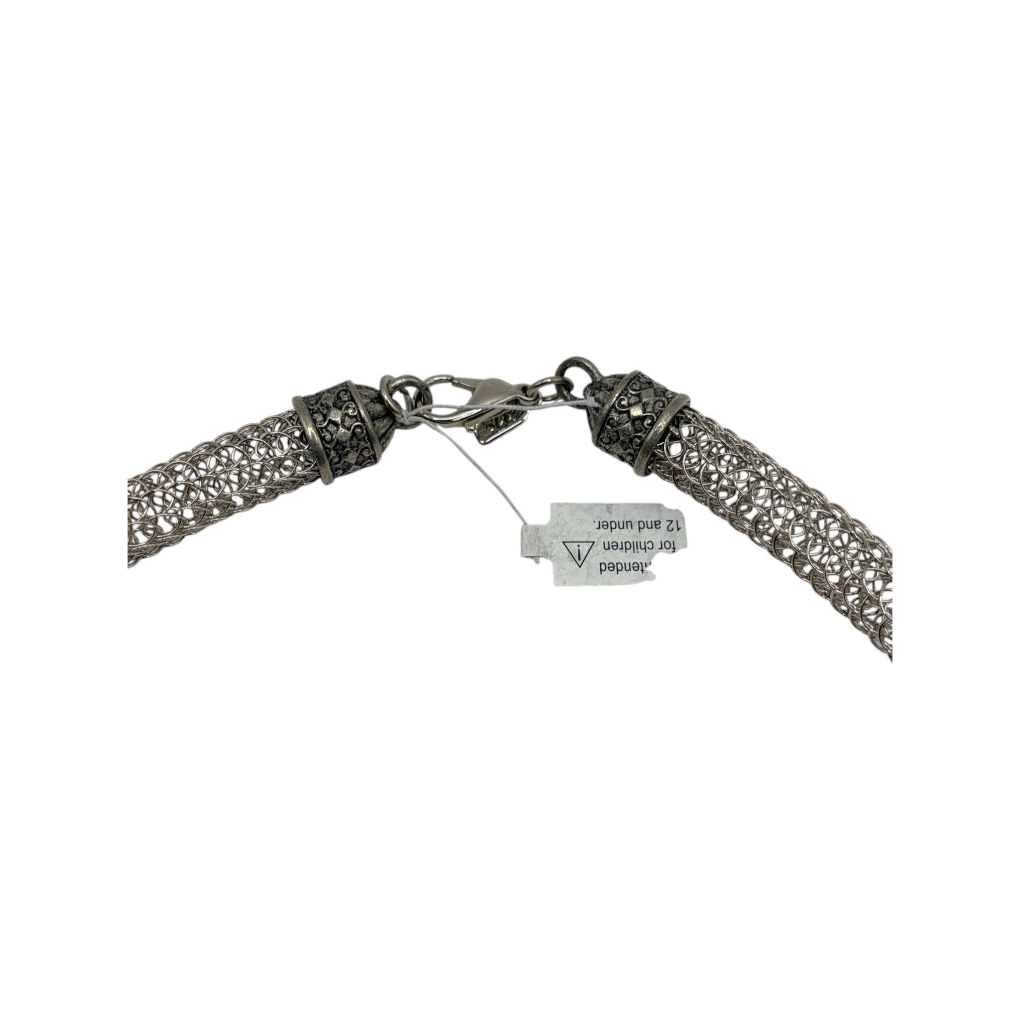CURATED by Kira 1928 silver tone mesh choker necklace with ornate metal end caps and a secure lobster clasp closure