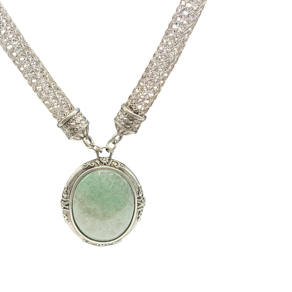 CURATED by Kira 1928 silver mesh choker necklace with an ornate oval green gemstone pendant