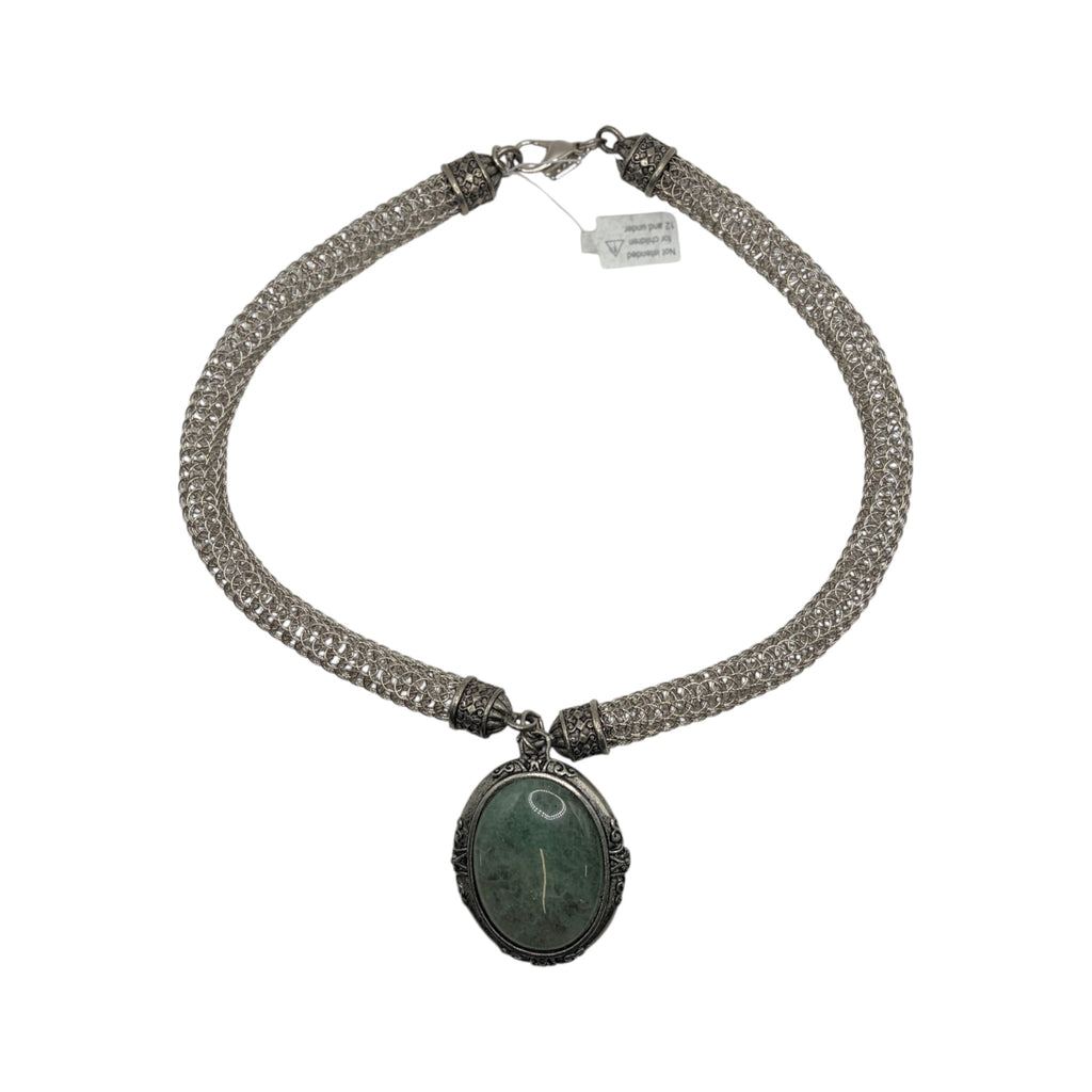 CURATED by Kira 1928 silver mesh choker necklace with an ornate oval green gemstone pendant
