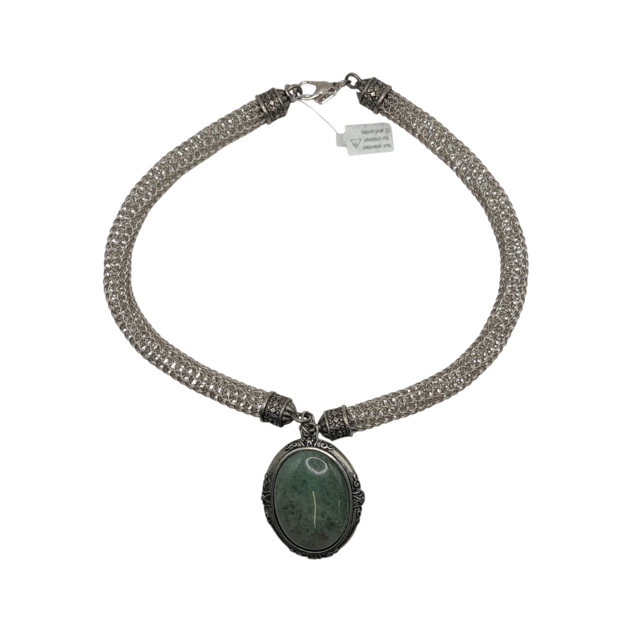 CURATED by Kira 1928 silver mesh choker necklace with an ornate oval green gemstone pendant