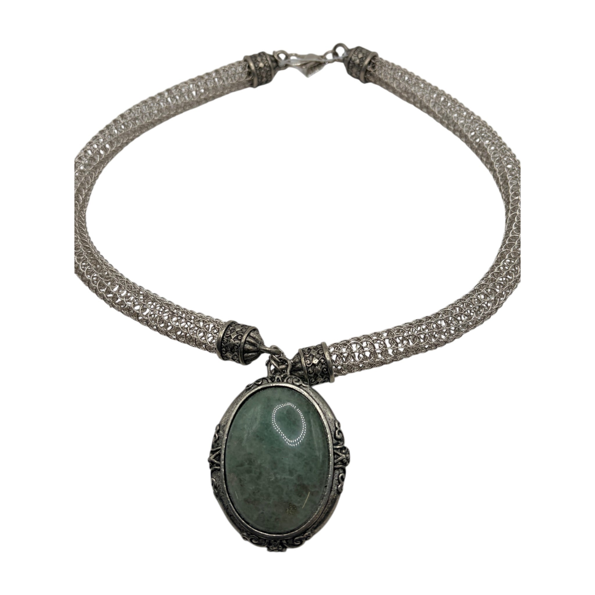 CURATED by Kira 1928 silver mesh choker necklace with an ornate oval green gemstone pendant