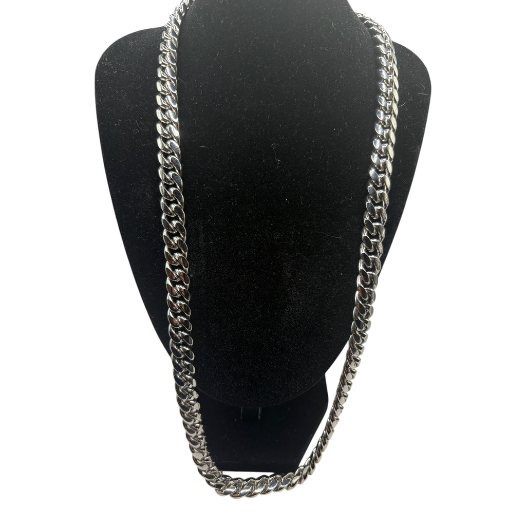 CURATED by Kira Steeltime silver-tone stainless steel curb link chain necklace on a black display bust