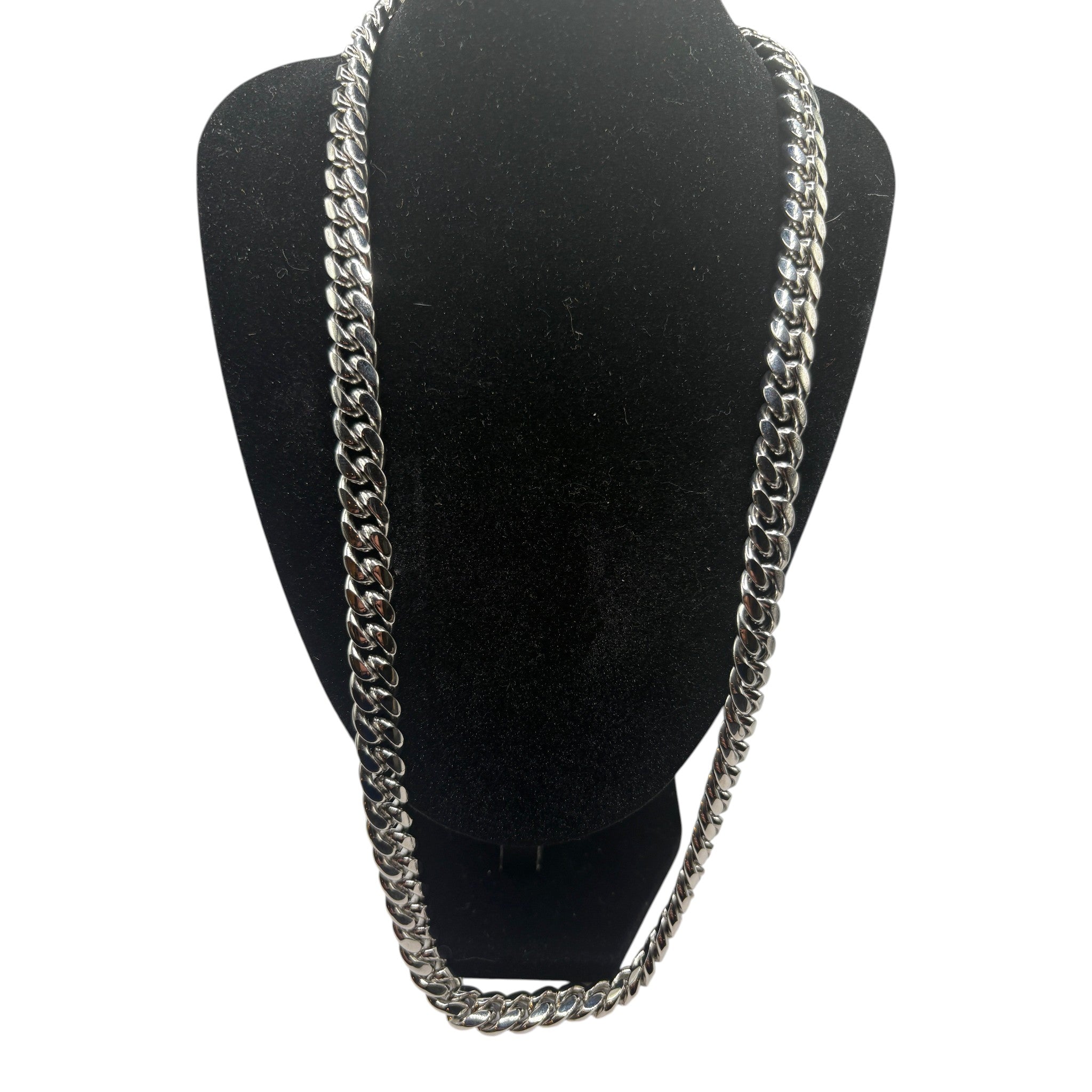 CURATED by Kira Steeltime silver-tone stainless steel curb link chain necklace on a black display bust
