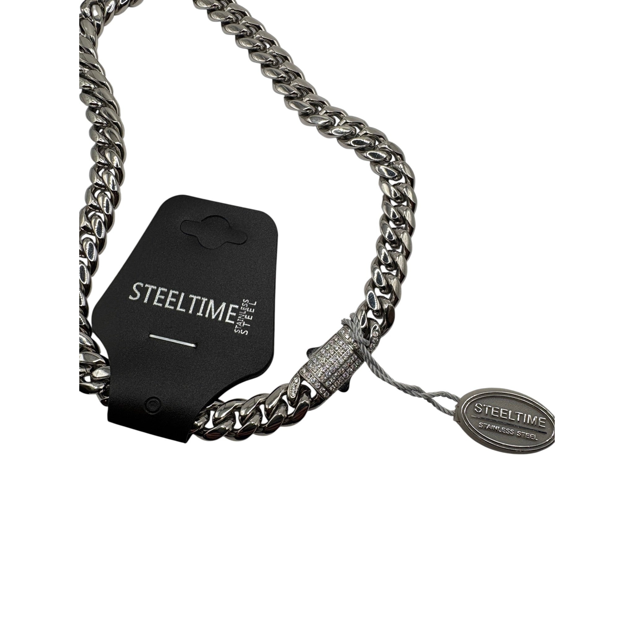 CURATED by Kira Steeltime silver-tone stainless steel curb link chain necklace with a pavé crystal clasp