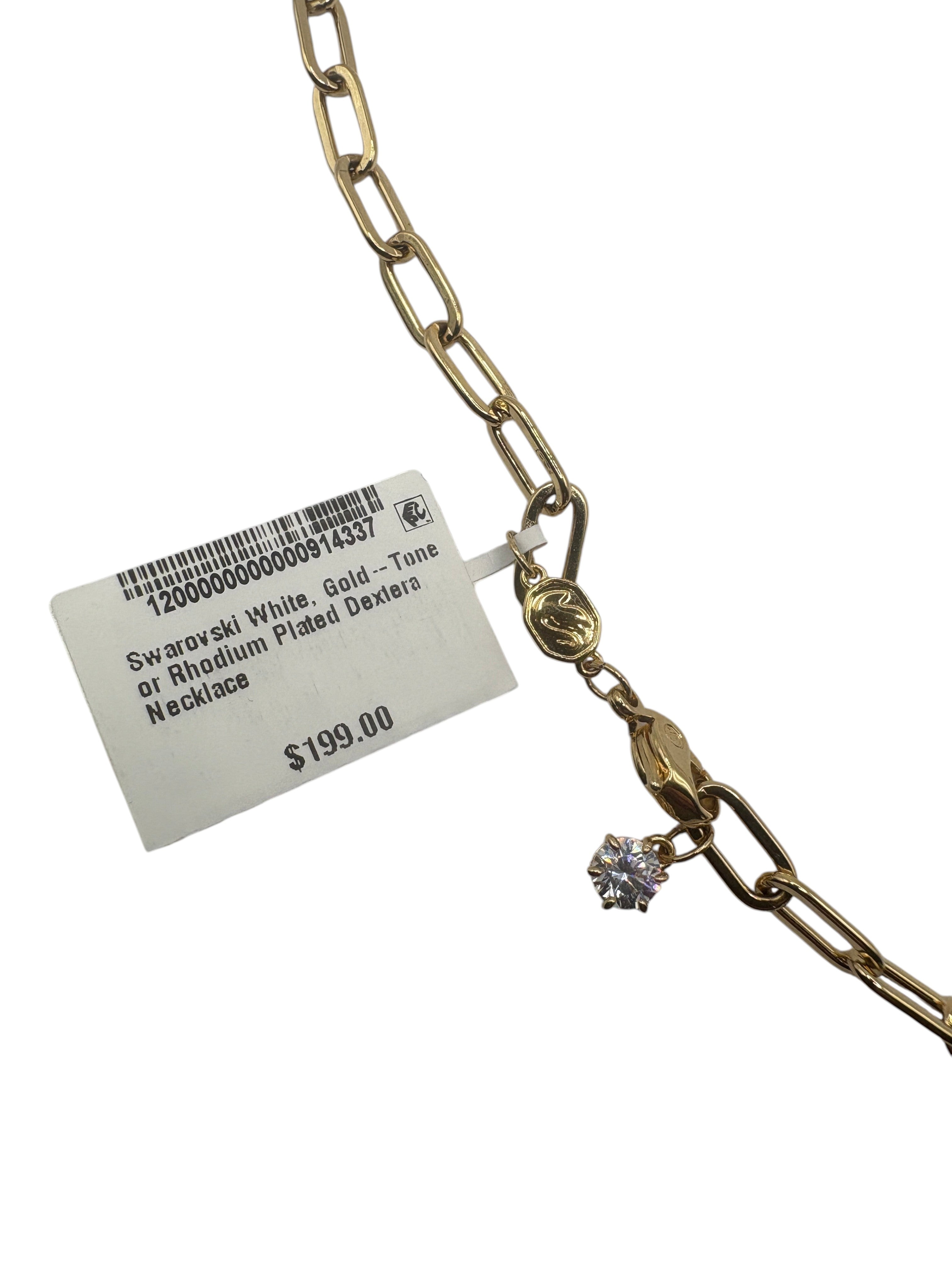 CURATED by Kira Swarovski Dextera gold-tone paperclip necklace with a sparkling white crystal charm and swan tag.